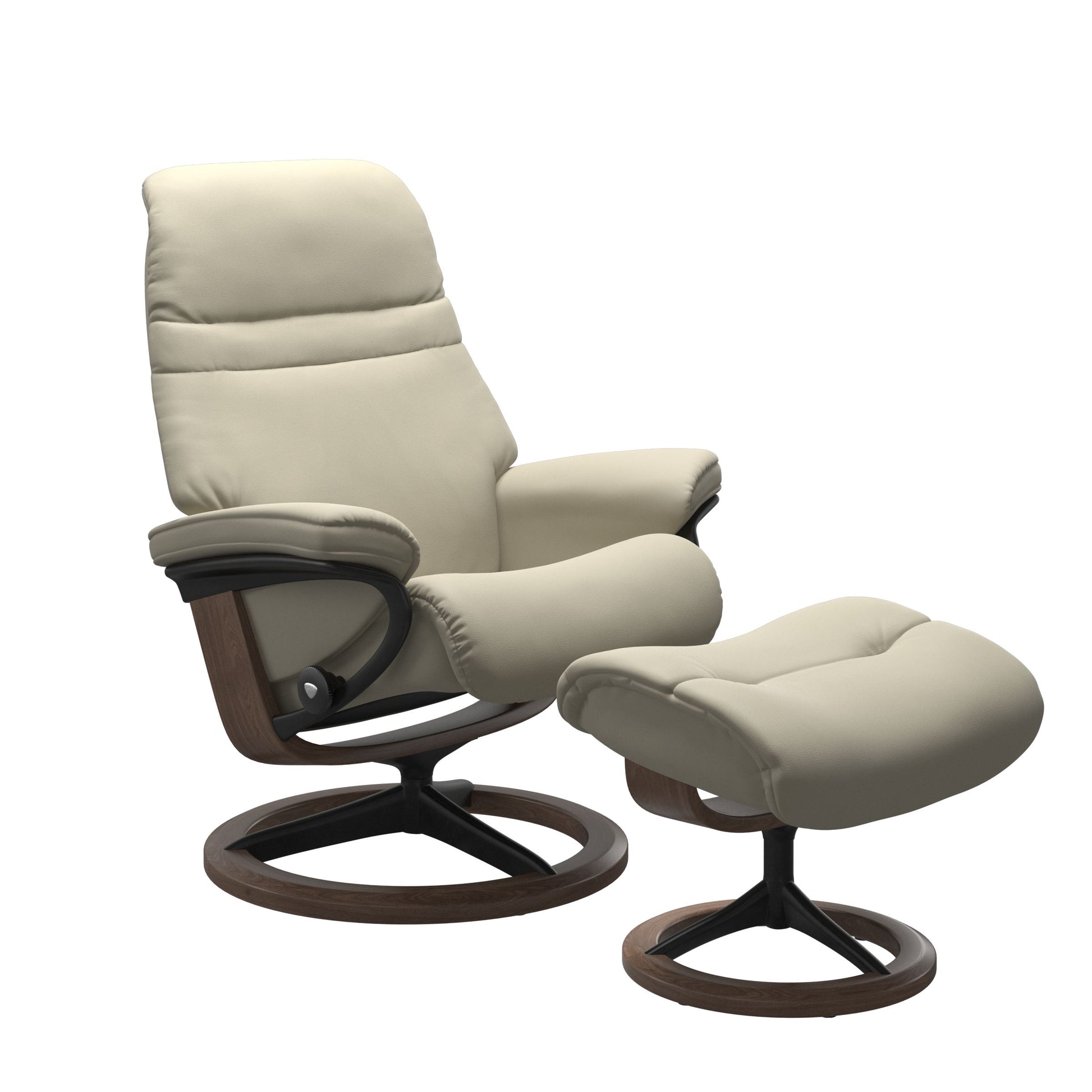 Light Grey colored sunrise recliner with matching ottoman featuring a curved base in metal and walnut