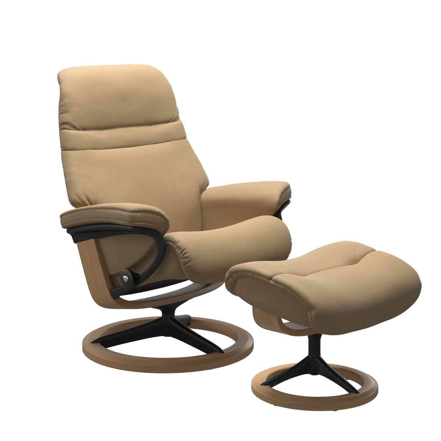 Sand colored sunrise recliner with matching ottoman featuring a curved base in metal and oak