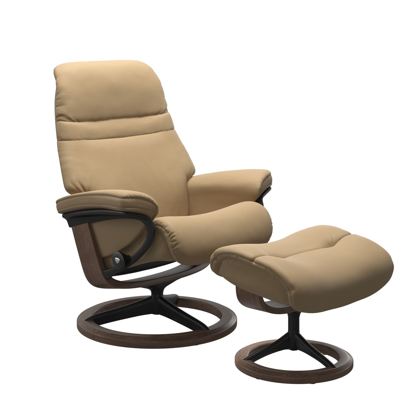 Sand colored sunrise recliner with matching ottoman featuring a curved base in metal and walnut