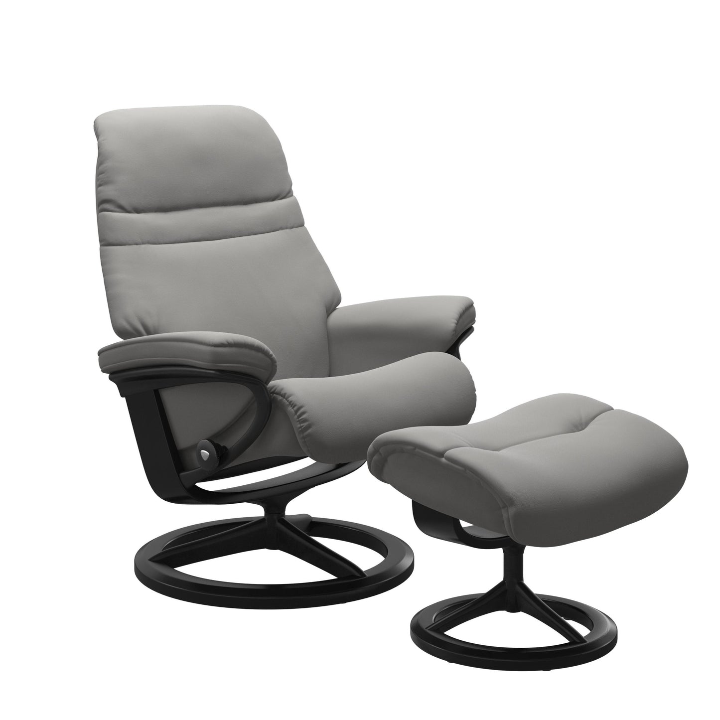 Silver Grey colored sunrise recliner with matching ottoman featuring a curved base in metal and black
