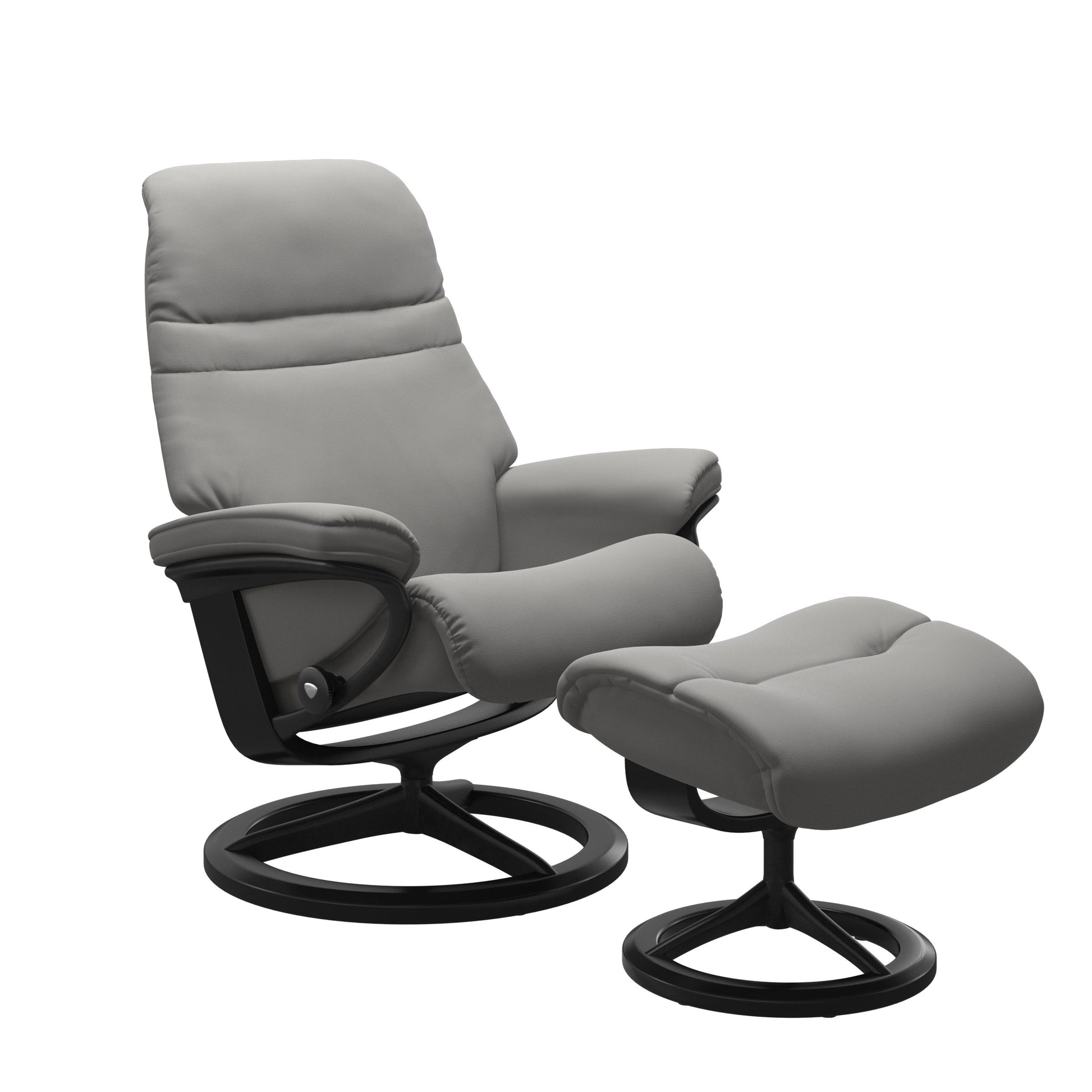 Silver Grey colored sunrise recliner with matching ottoman featuring a curved base in metal and black