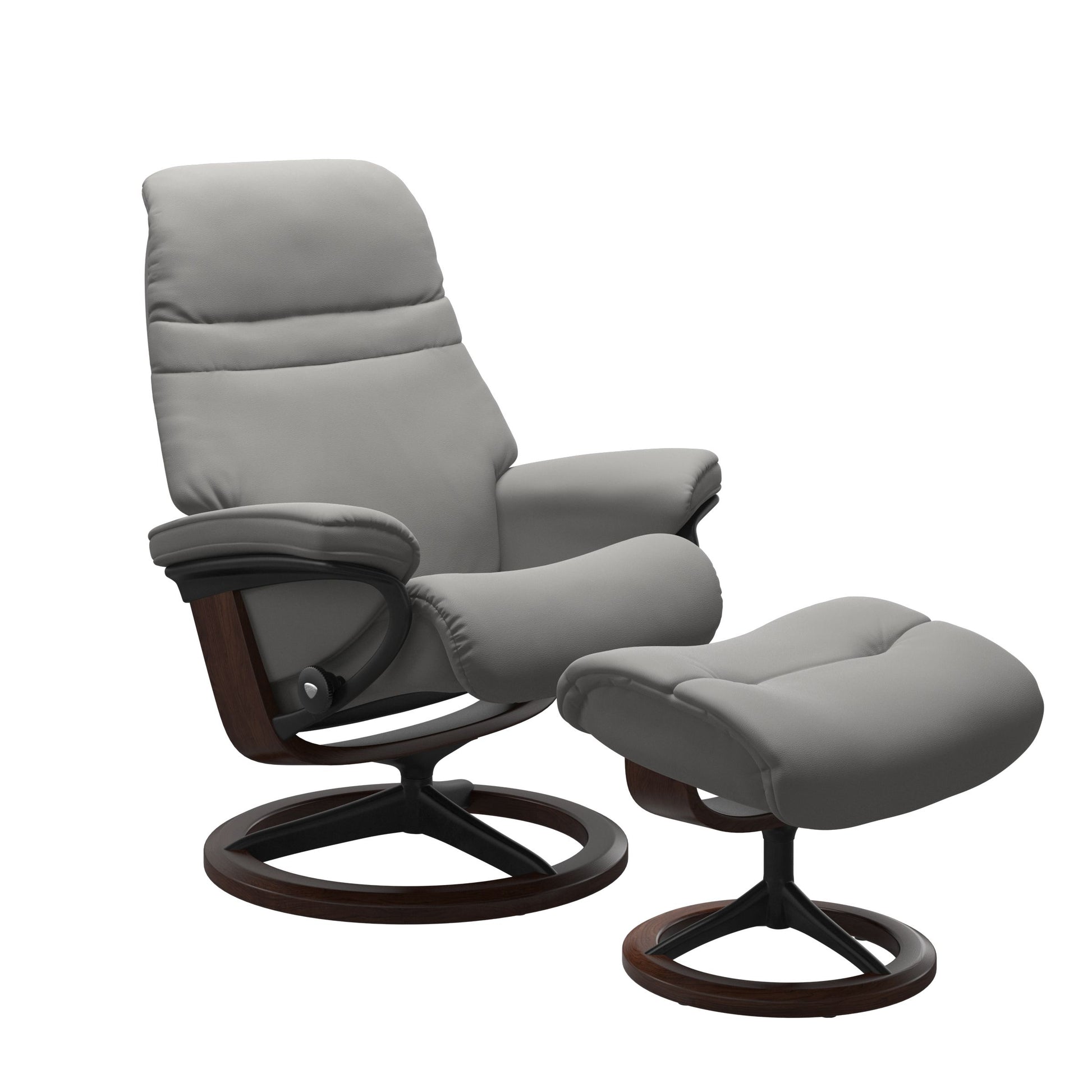 Silver Grey colored sunrise recliner with matching ottoman featuring a curved base in metal and brown