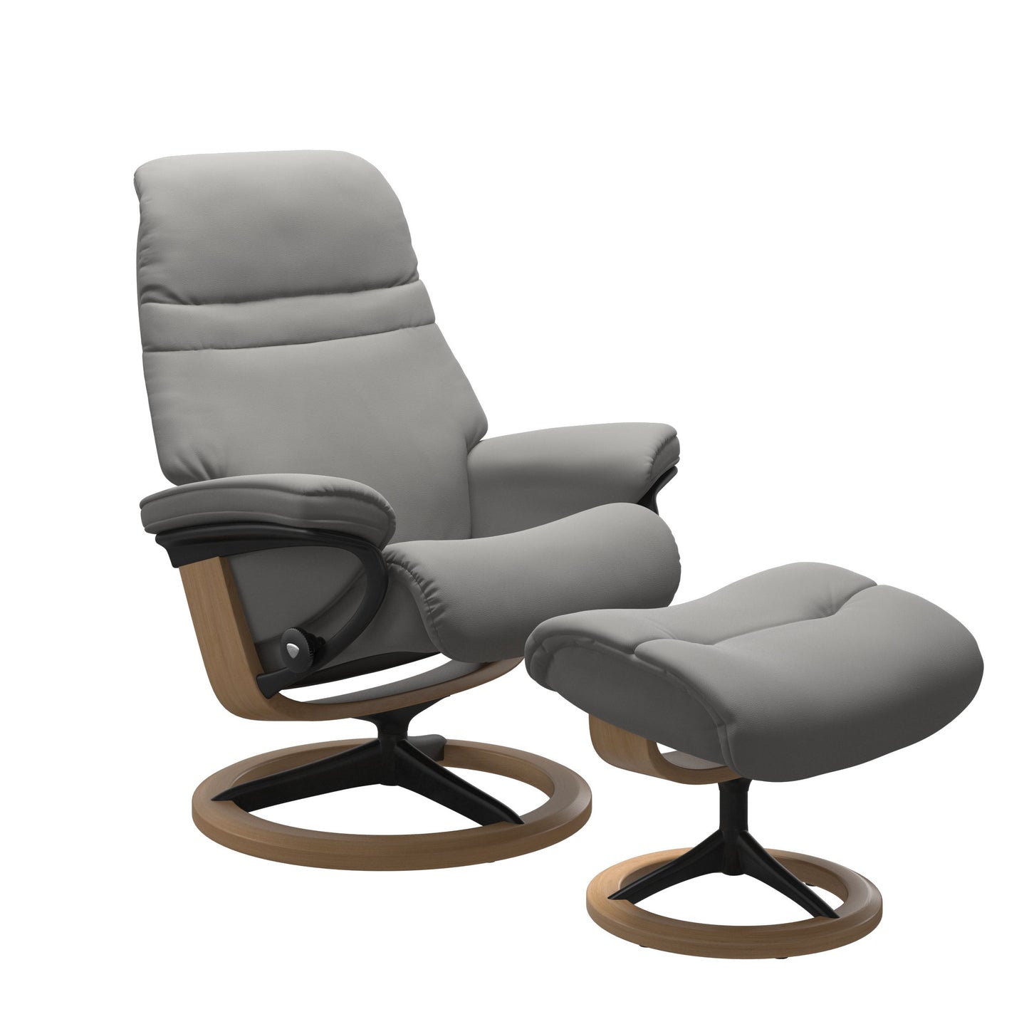 Silver Grey colored sunrise recliner with matching ottoman featuring a curved base in metal and oak