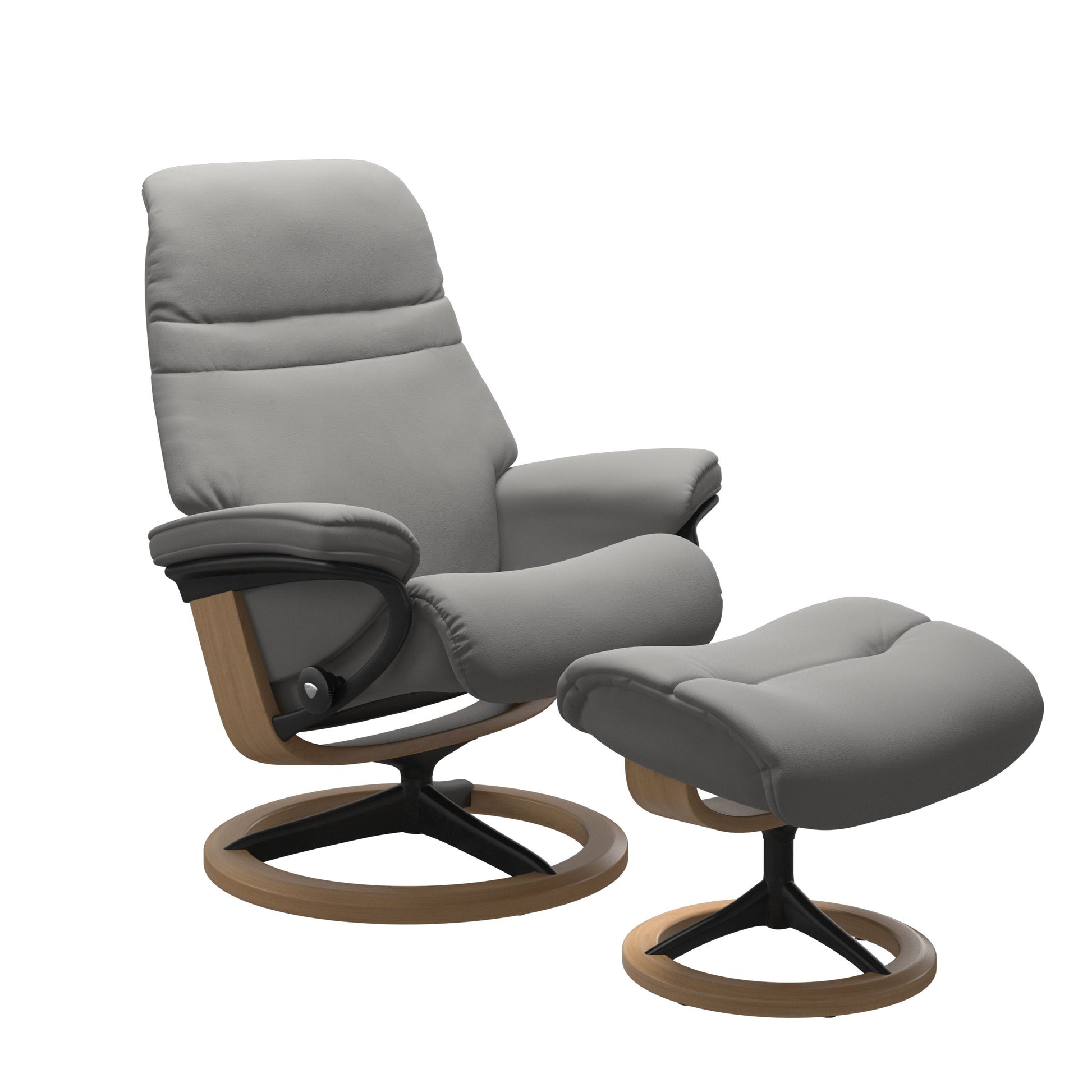 Silver Grey colored sunrise recliner with matching ottoman featuring a curved base in metal and oak