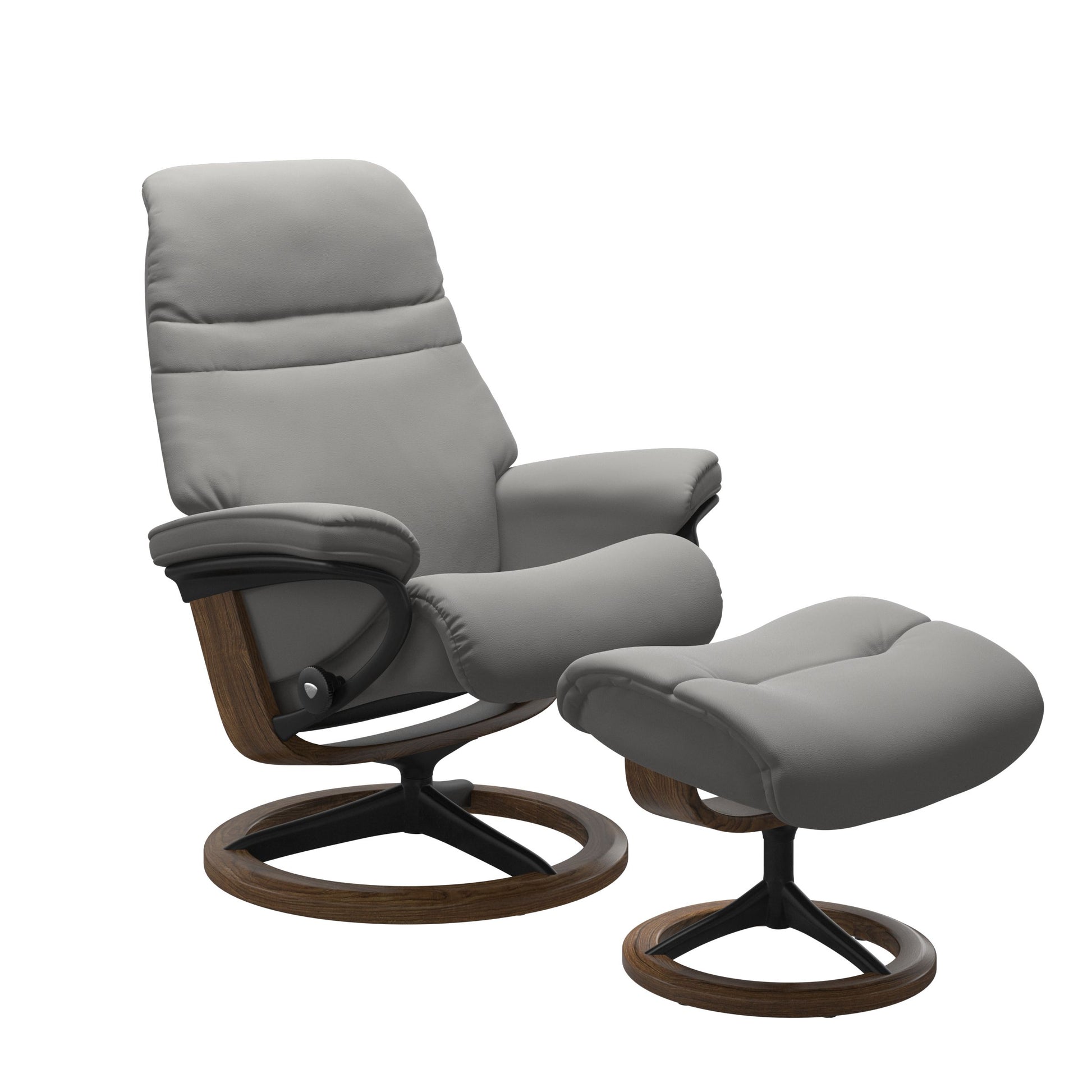Silver Grey colored sunrise recliner with matching ottoman featuring a curved base in metal and teak