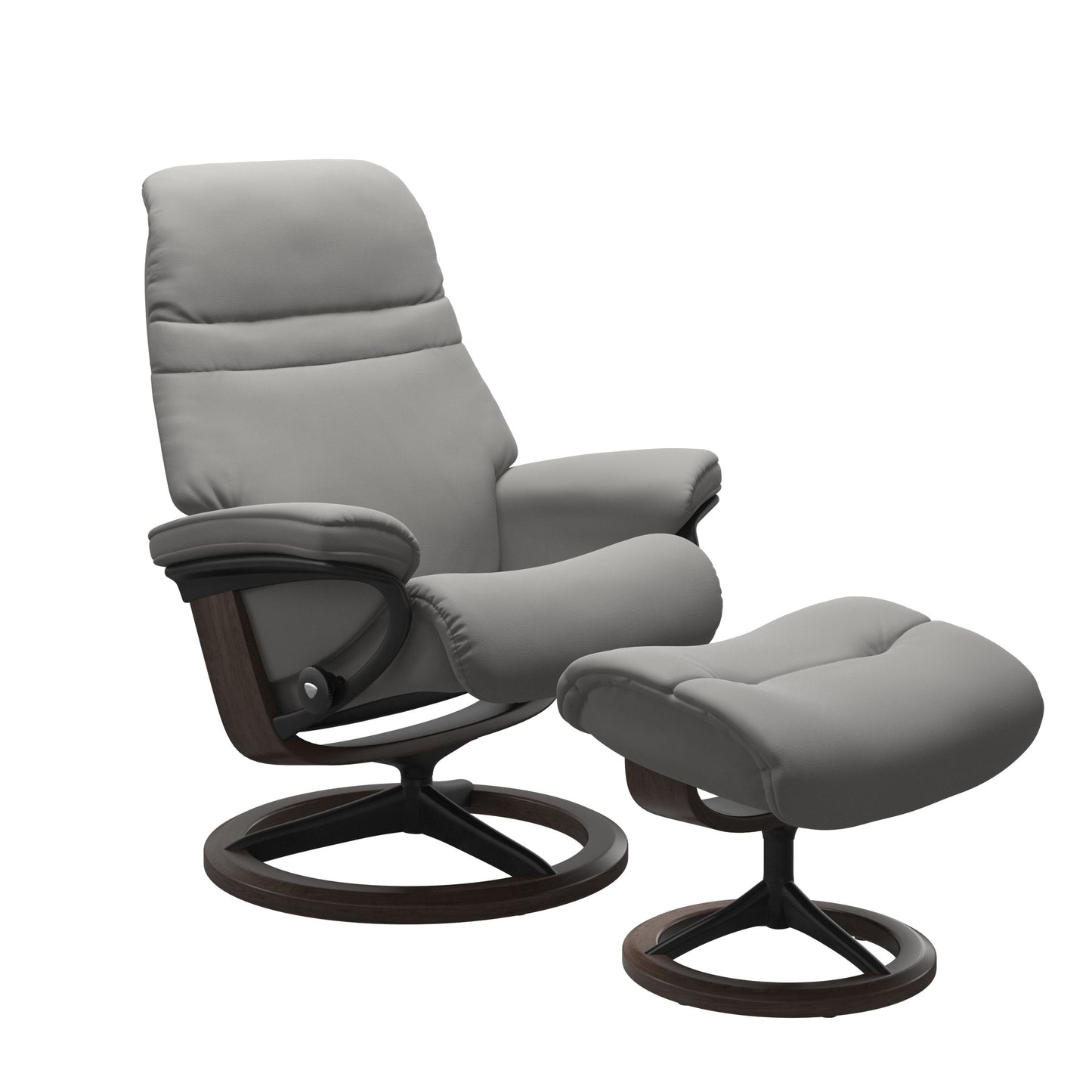 Silver Grey colored sunrise recliner with matching ottoman featuring a curved base in metal and wenge