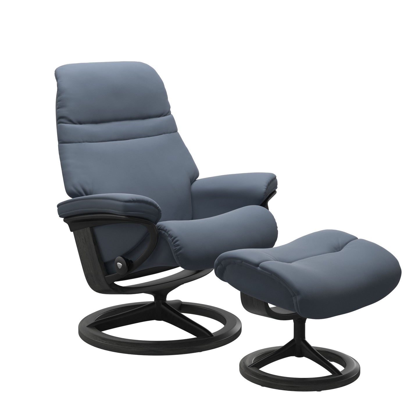 Sparrow Blue colored sunrise recliner with matching ottoman featuring a curved base in metal and grey