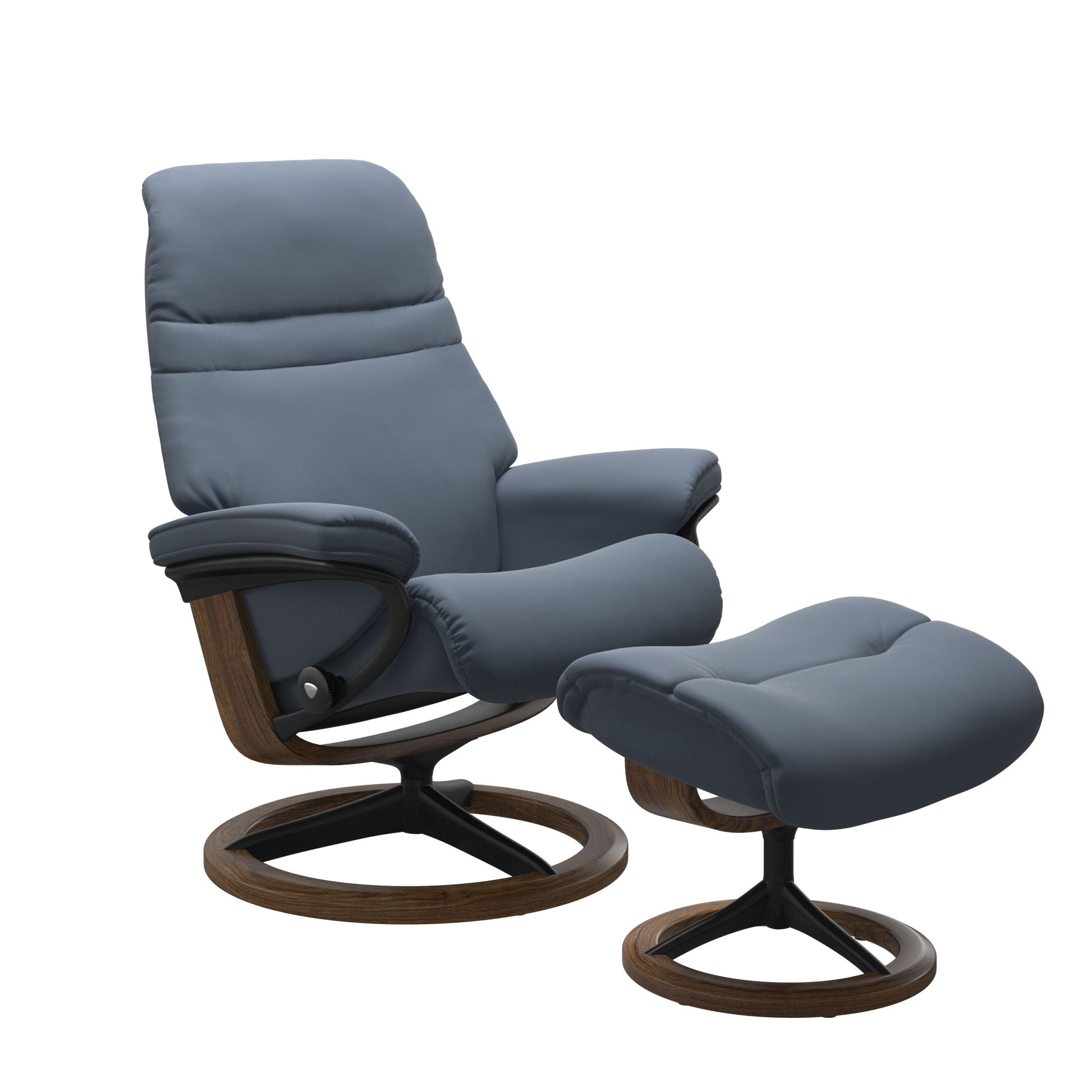 Sparrow Blue colored sunrise recliner with matching ottoman featuring a curved base in metal and teak