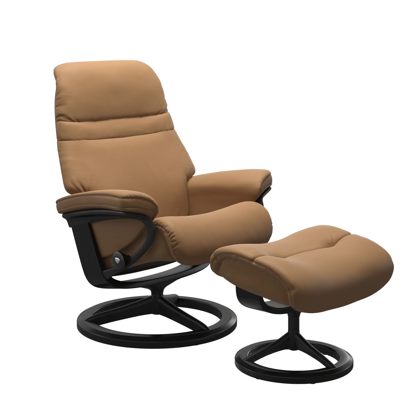 Taupe colored sunrise recliner with matching ottoman featuring a curved base in metal and black