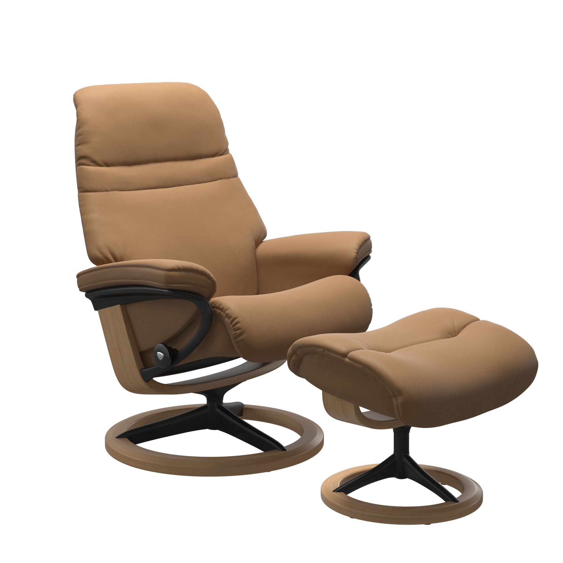 Taupe colored sunrise recliner with matching ottoman featuring a curved base in metal and oak