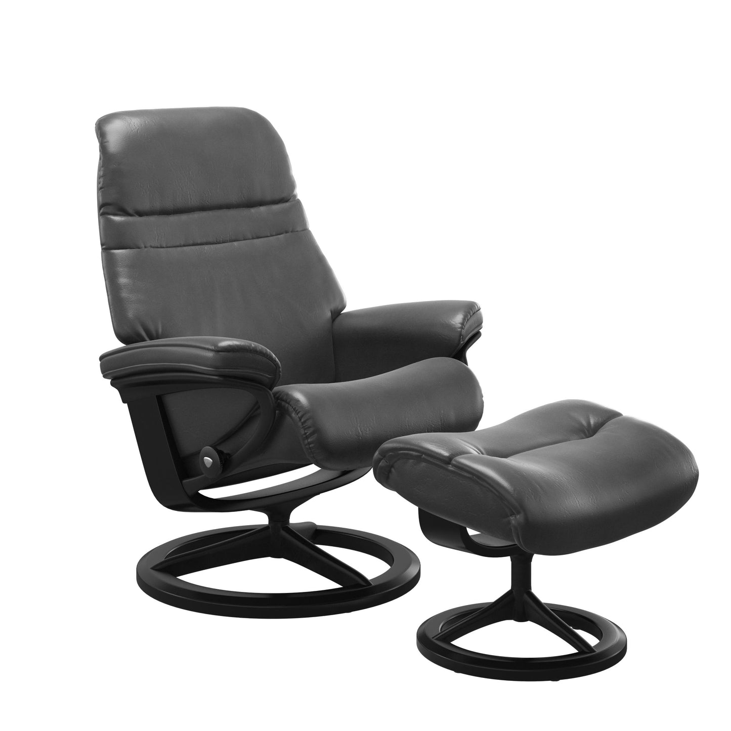 Pioneer Grey colored sunrise recliner with matching ottoman featuring a curved base in metal and black