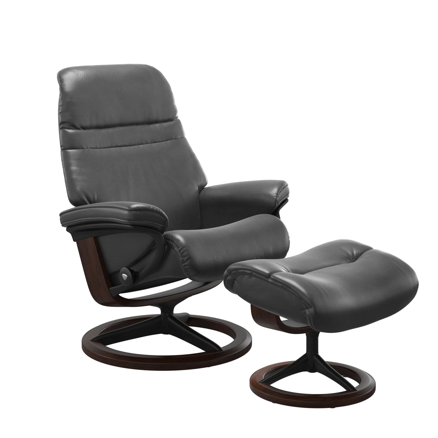 Pioneer Grey colored sunrise recliner with matching ottoman featuring a curved base in metal and brown