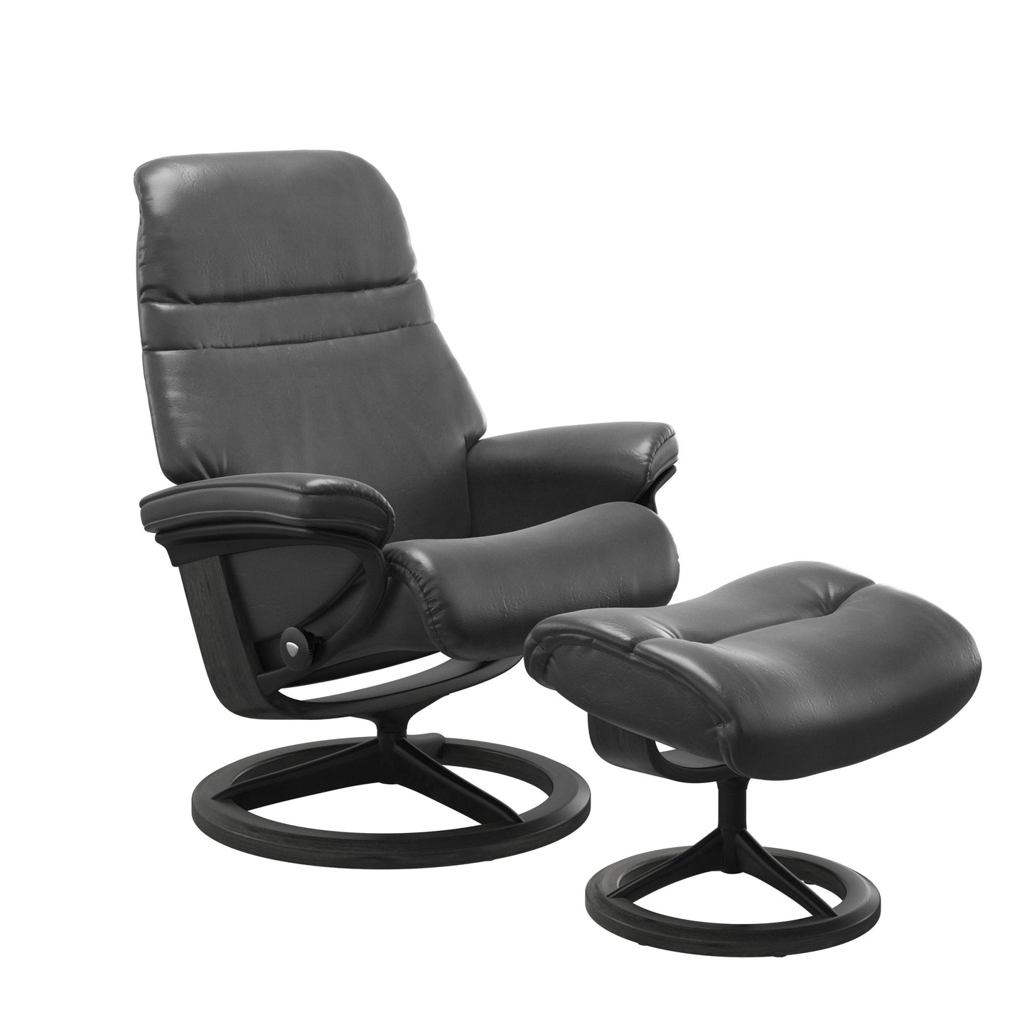 Pioneer Grey colored sunrise recliner with matching ottoman featuring a curved base in metal and grey