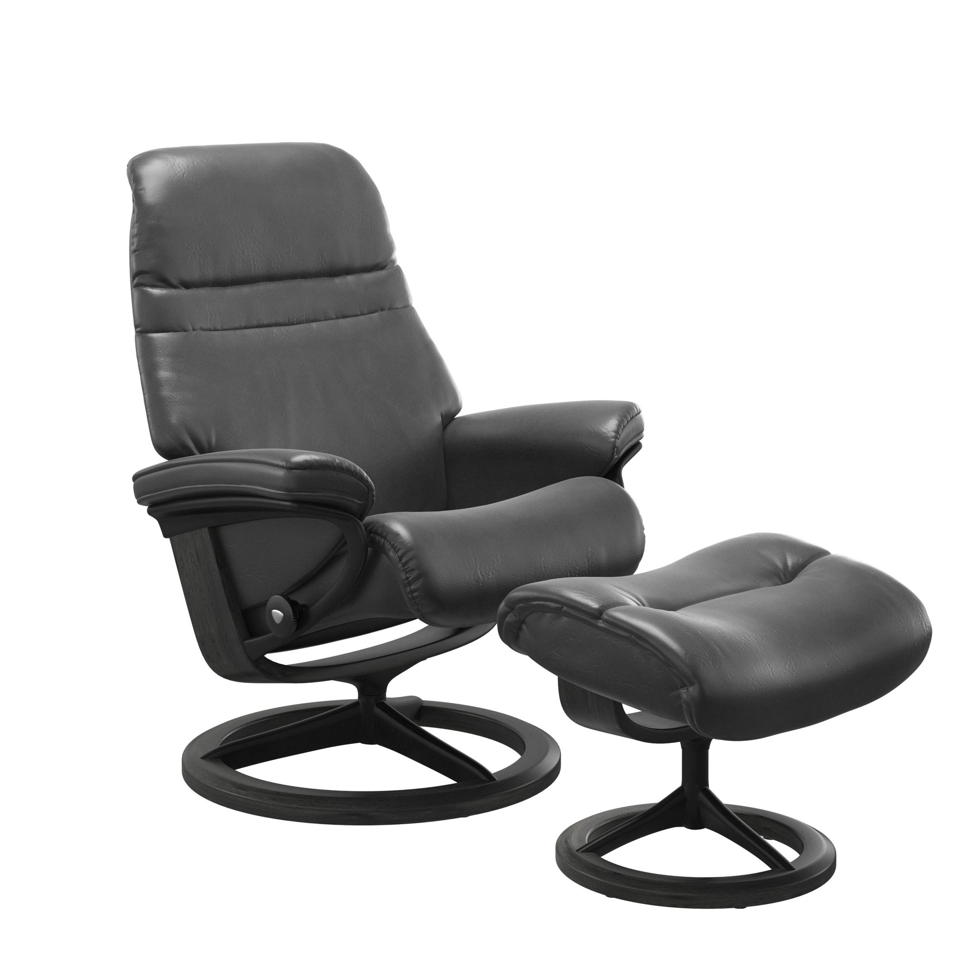 Pioneer Grey colored sunrise recliner with matching ottoman featuring a curved base in metal and grey