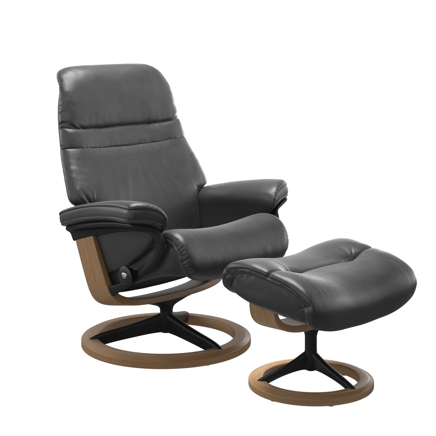 Pioneer Grey colored sunrise recliner with matching ottoman featuring a curved base in metal and oak