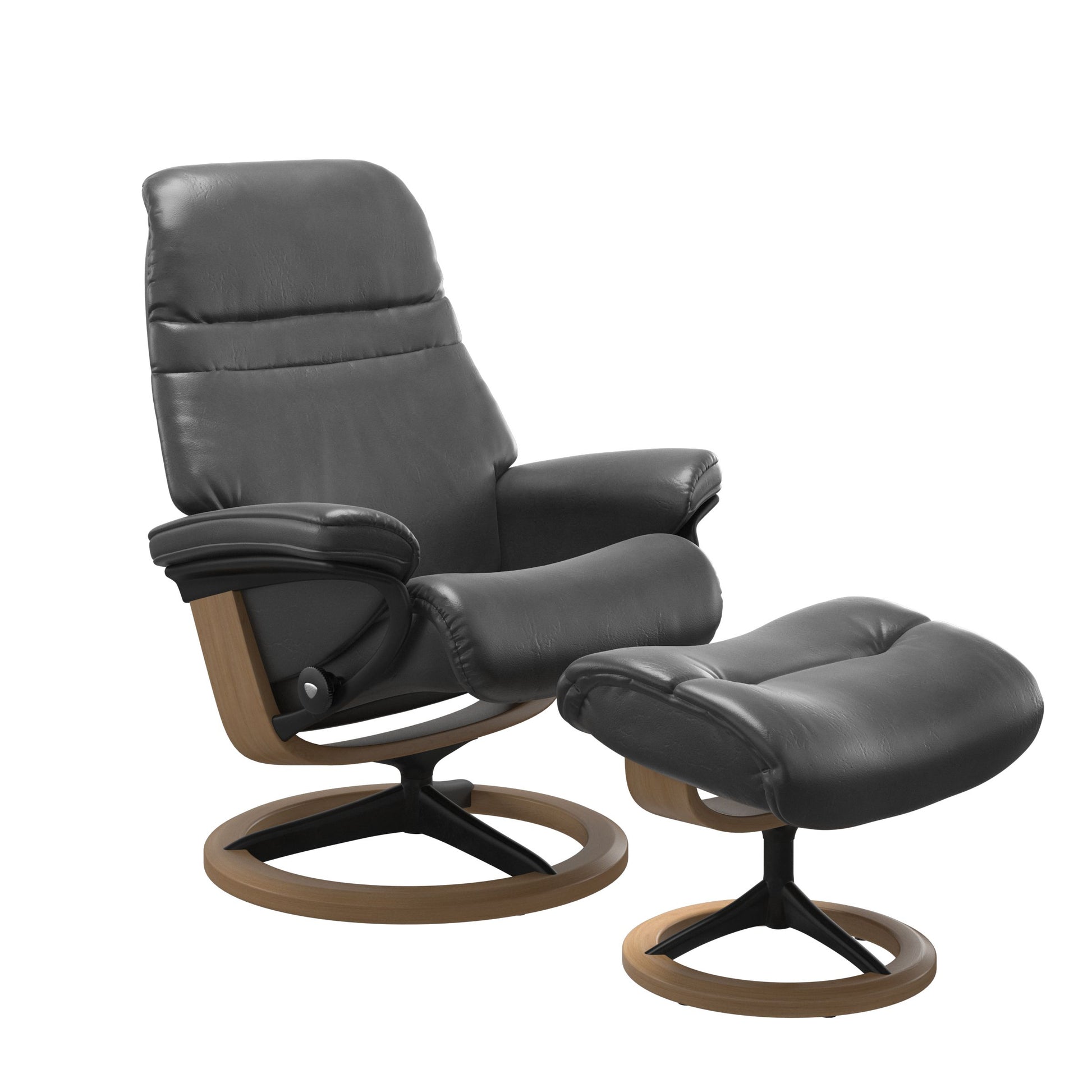 Pioneer Grey colored sunrise recliner with matching ottoman featuring a curved base in metal and oak