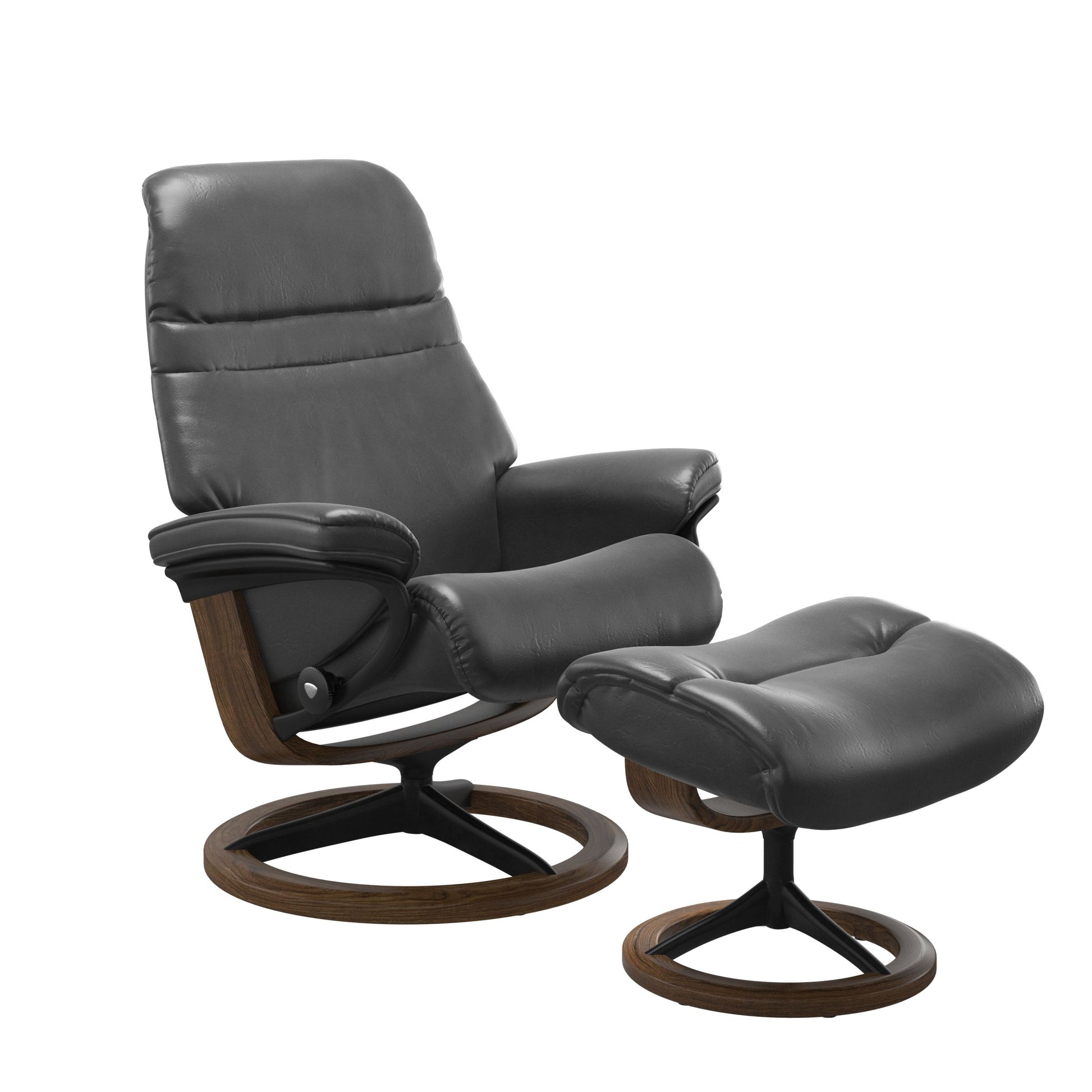 Pioneer Grey colored sunrise recliner with matching ottoman featuring a curved base in metal and teak