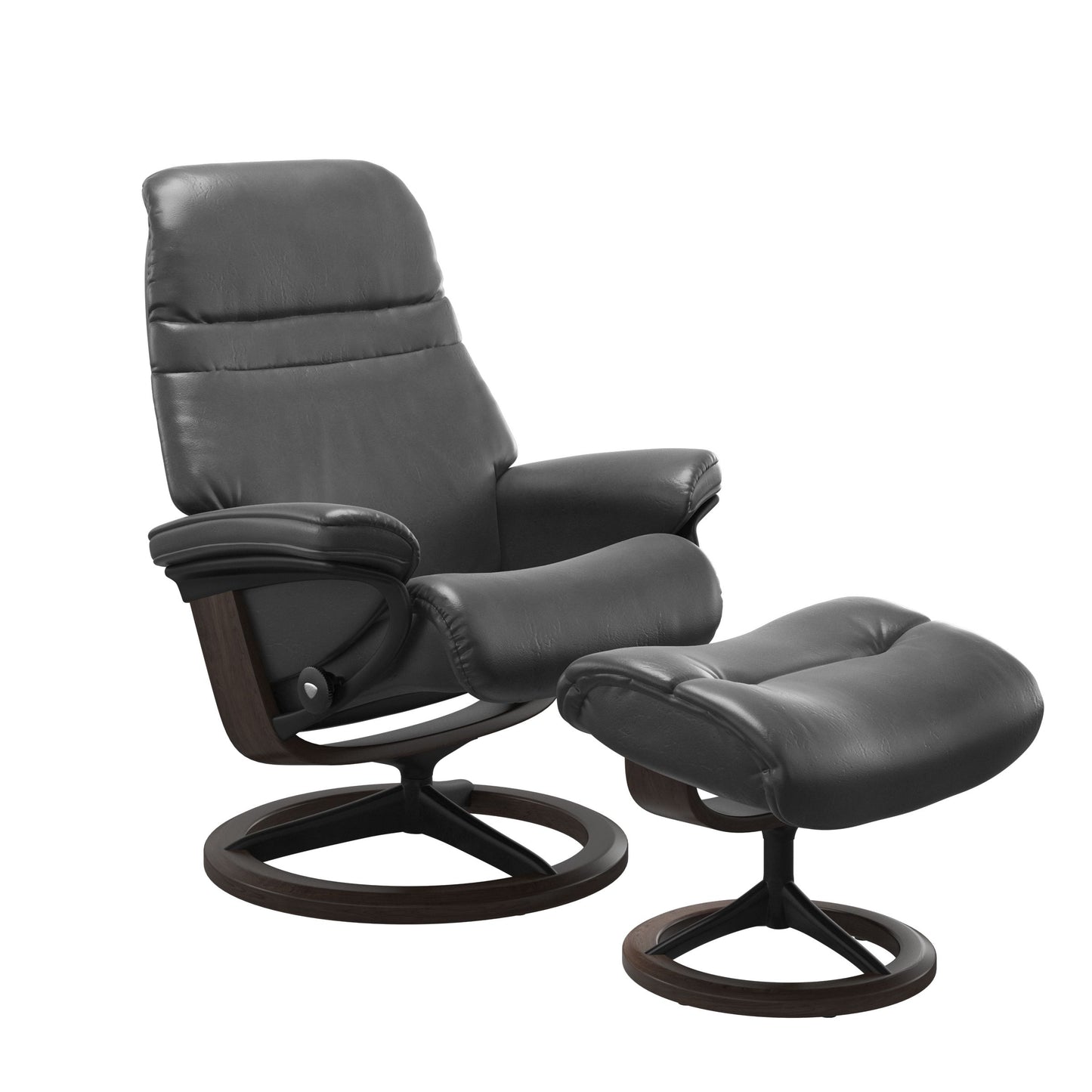 Pioneer Grey colored sunrise recliner with matching ottoman featuring a curved base in metal and wenge