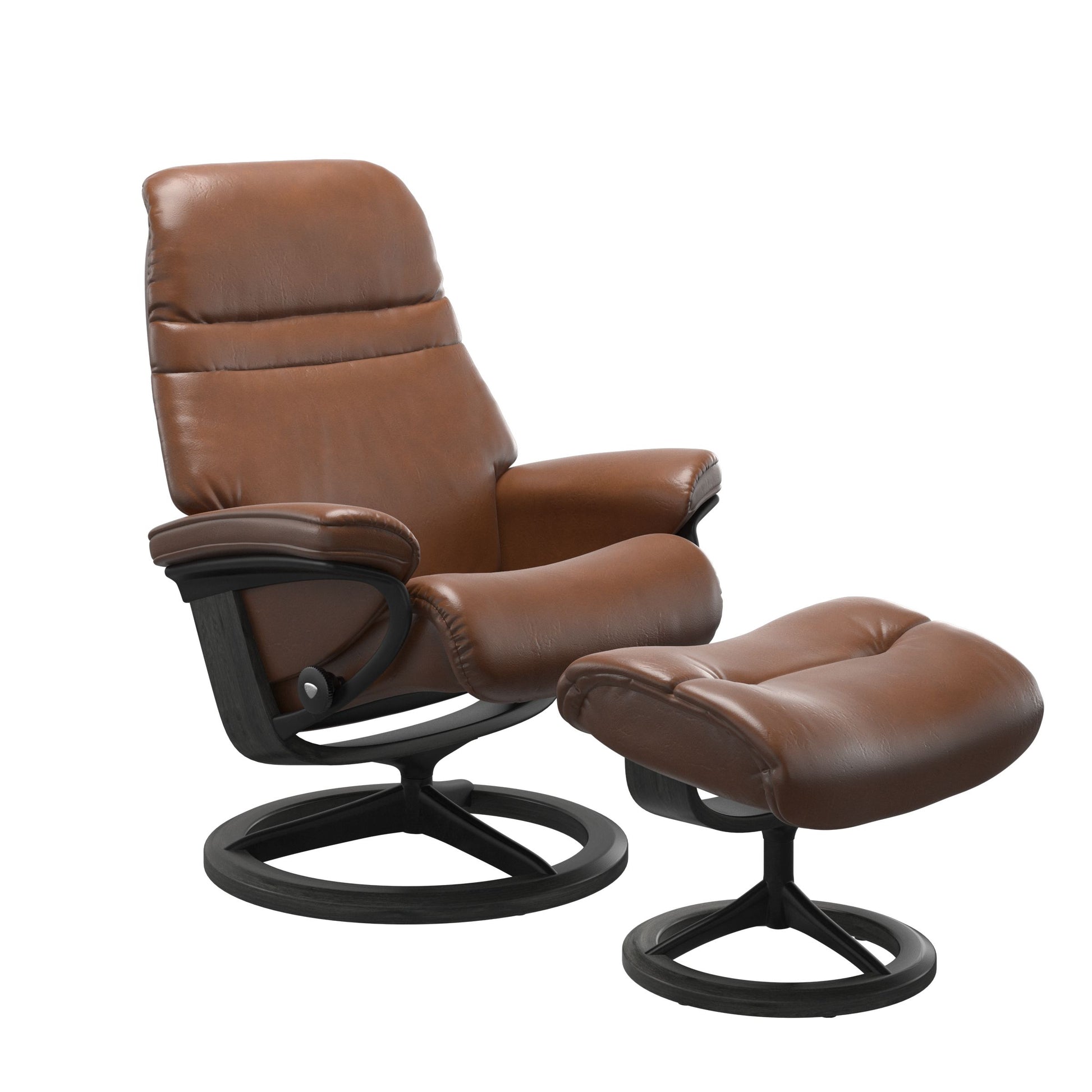 Pioneer Olive Brown colored sunrise recliner with matching ottoman featuring a curved base in metal and grey