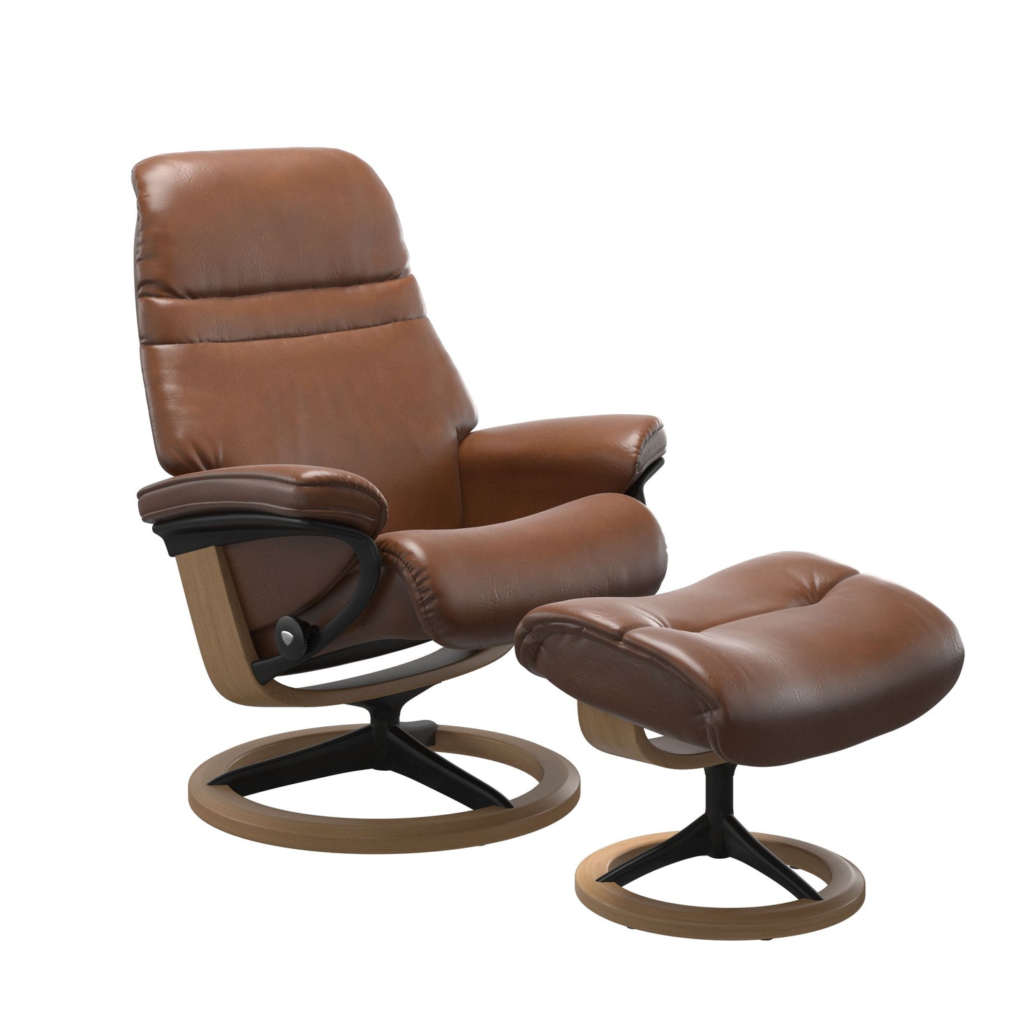 Pioneer Olive Brown colored sunrise recliner with matching ottoman featuring a curved base in metal and oak