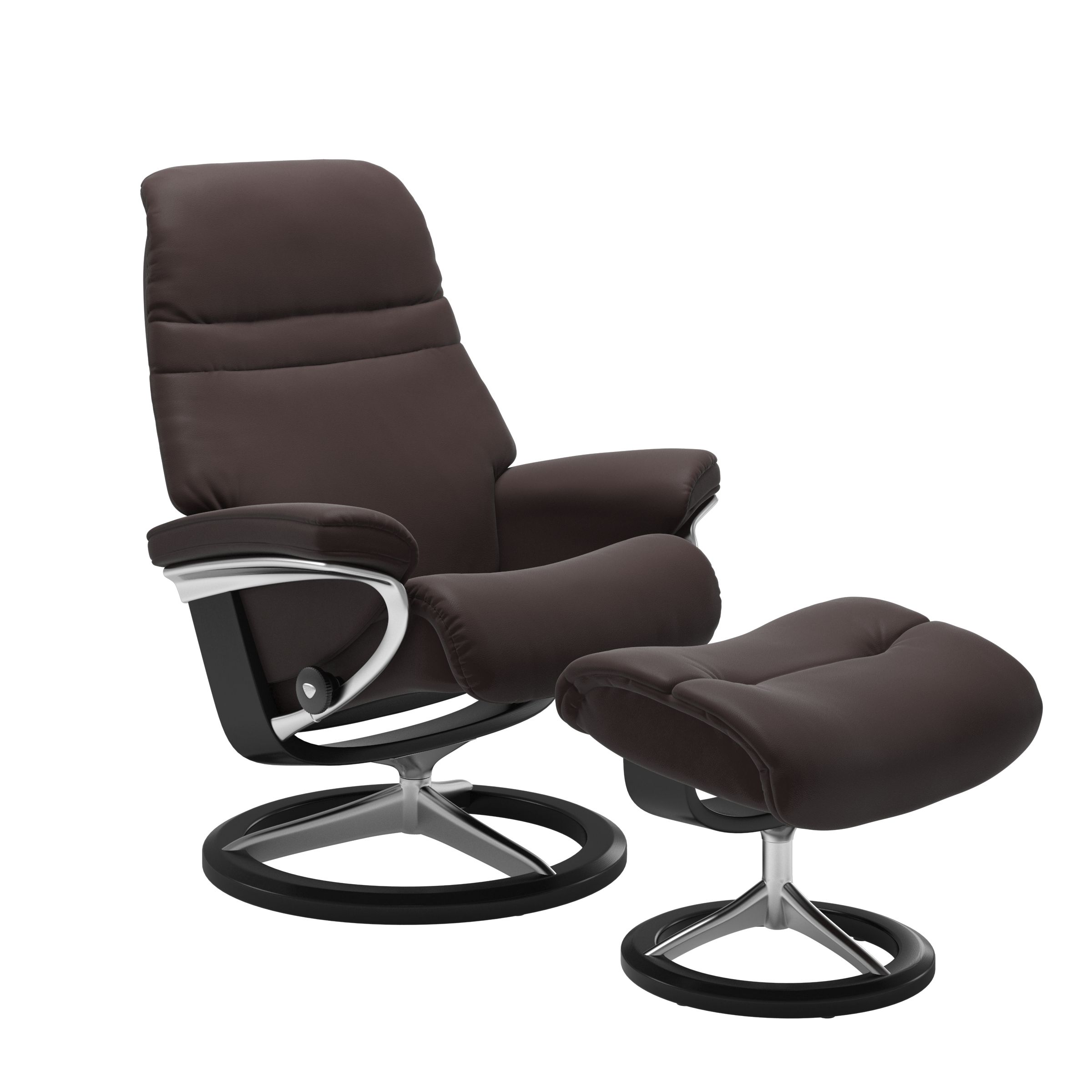 Chocolate colored sunrise recliner with matching ottoman featuring a curved  black wood and metal base
