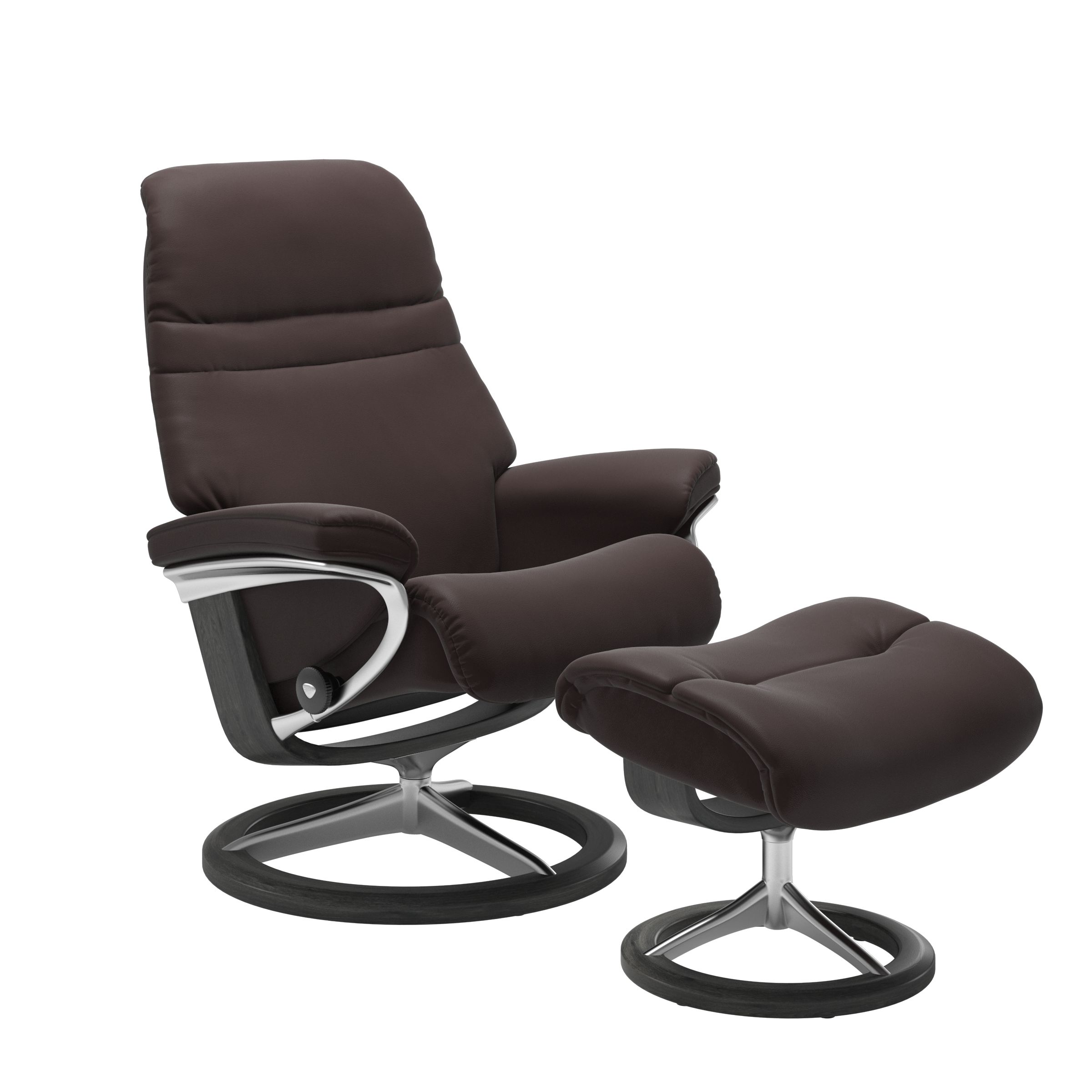 Chocolate colored sunrise recliner with matching ottoman featuring a curved  grey wood and metal base