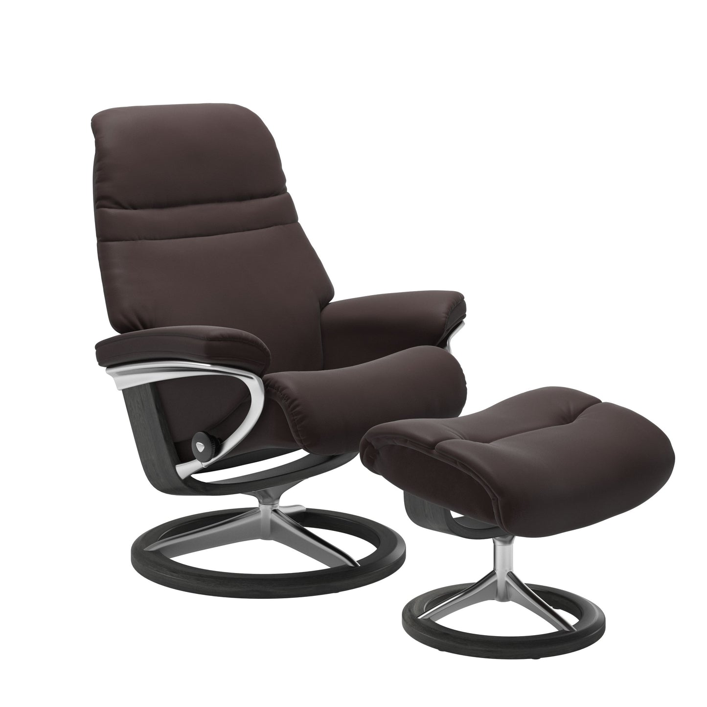 Chocolate colored sunrise recliner with matching ottoman featuring a curved  grey wood and metal base