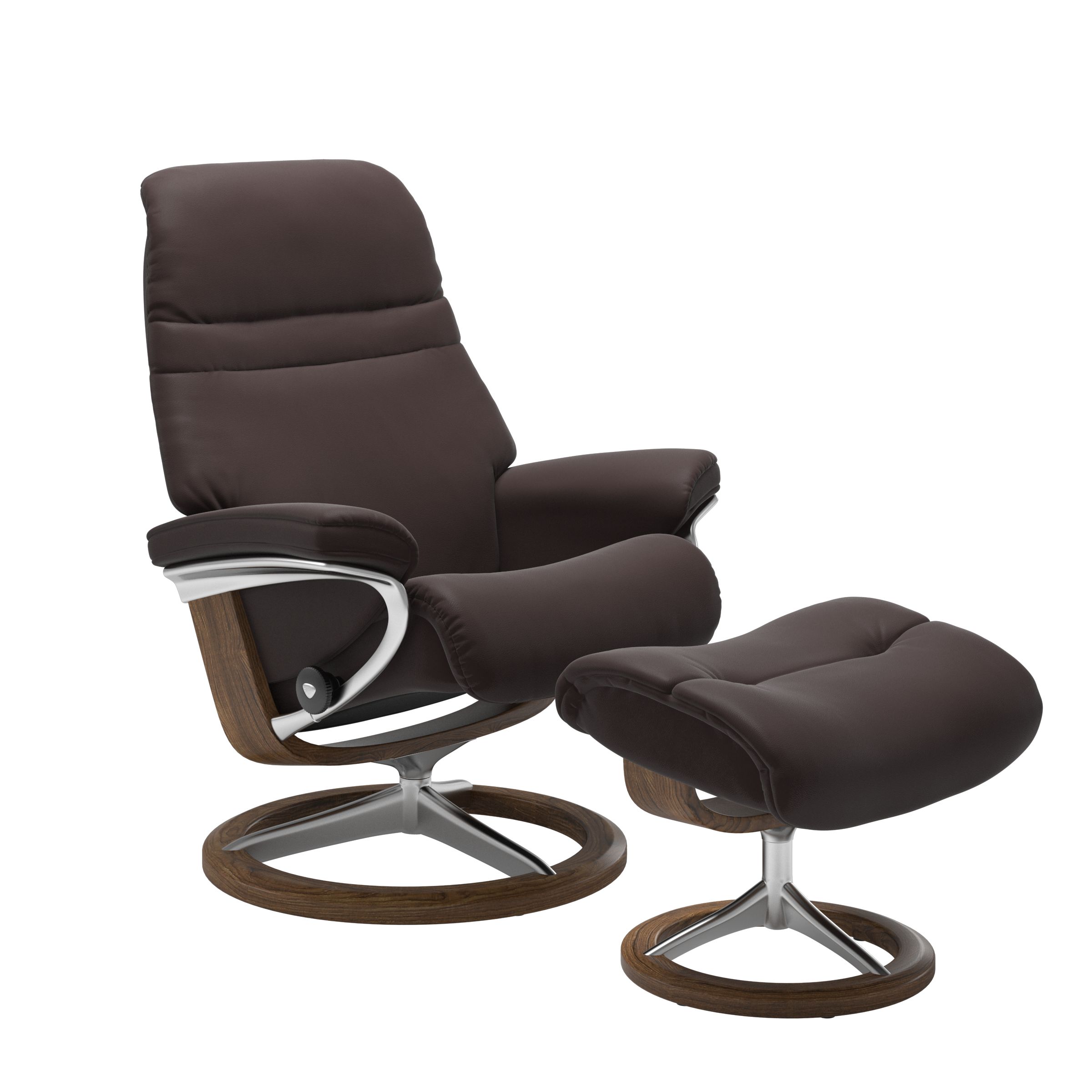 Chocolate colored sunrise recliner with matching ottoman featuring a curved  teak wood and metal base