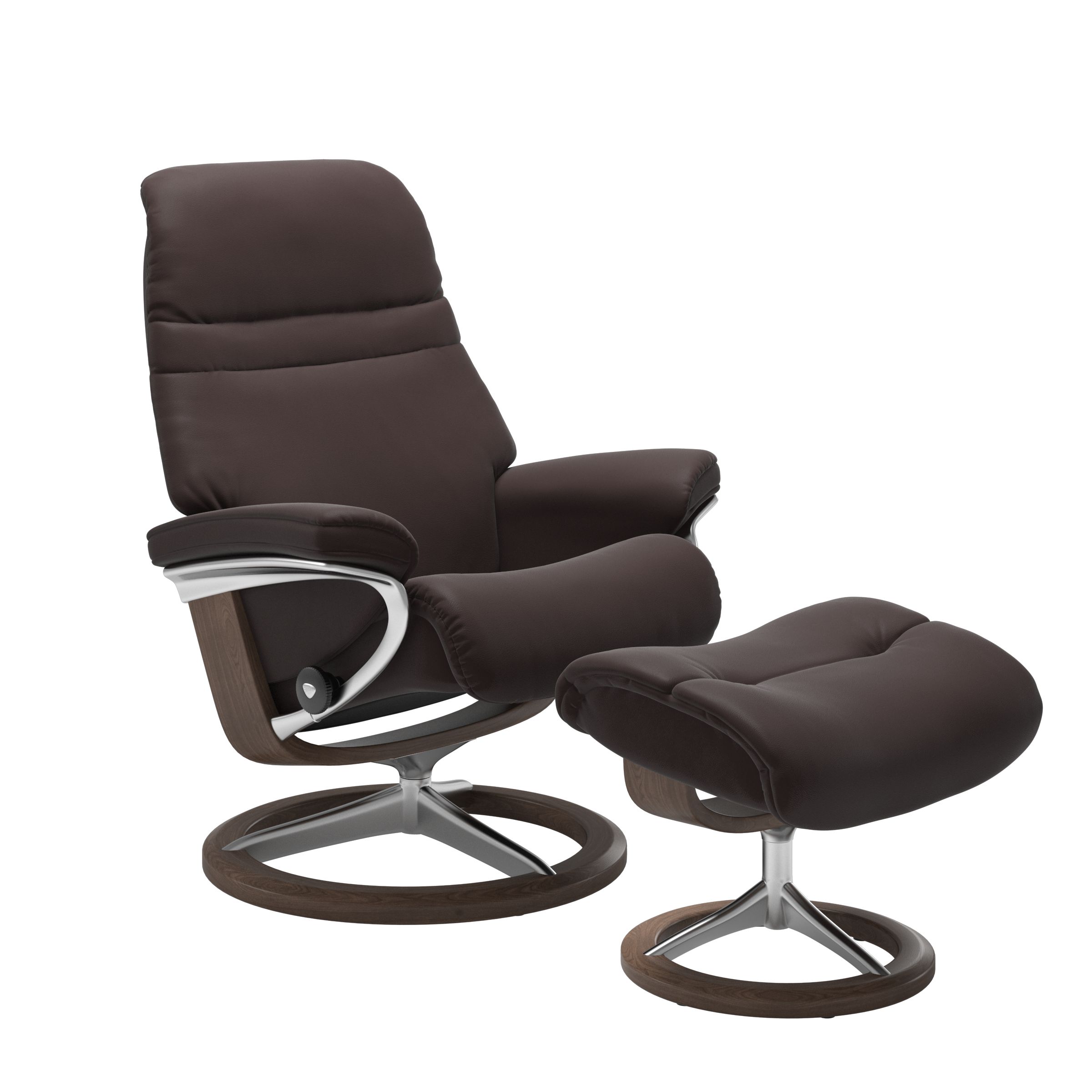 Chocolate colored sunrise recliner with matching ottoman featuring a curved  walnut wood and metal base
