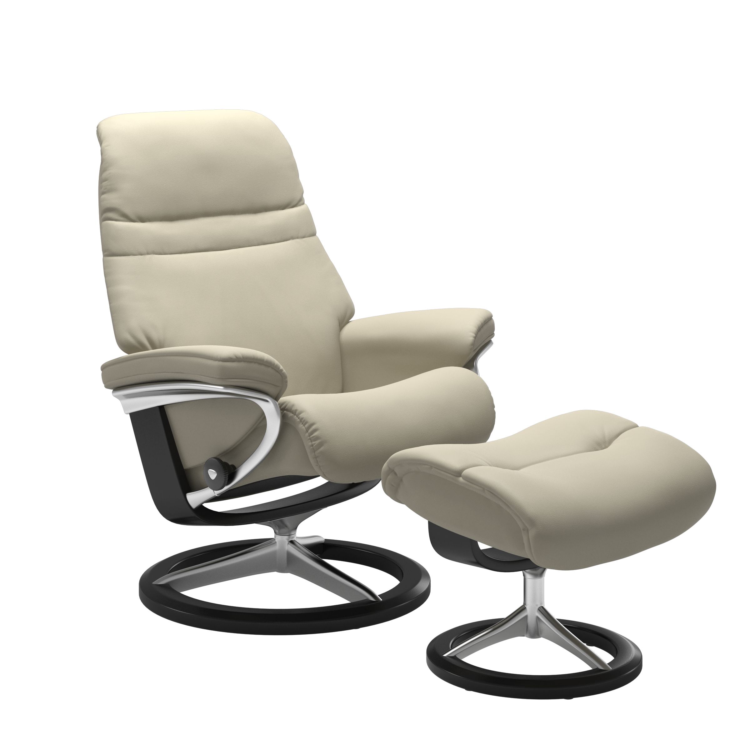Light Grey colored sunrise recliner with matching ottoman featuring a curved  black wood and metal base
