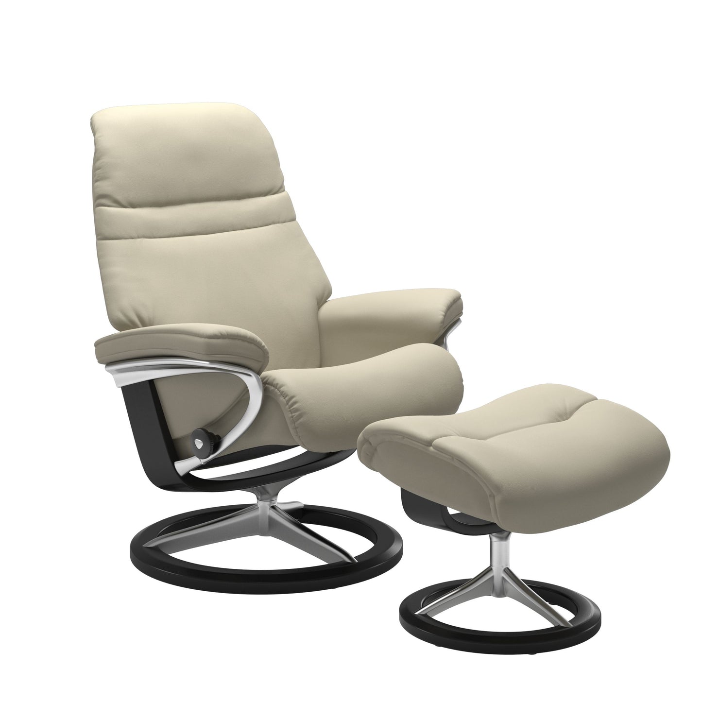 Light Grey colored sunrise recliner with matching ottoman featuring a curved  black wood and metal base