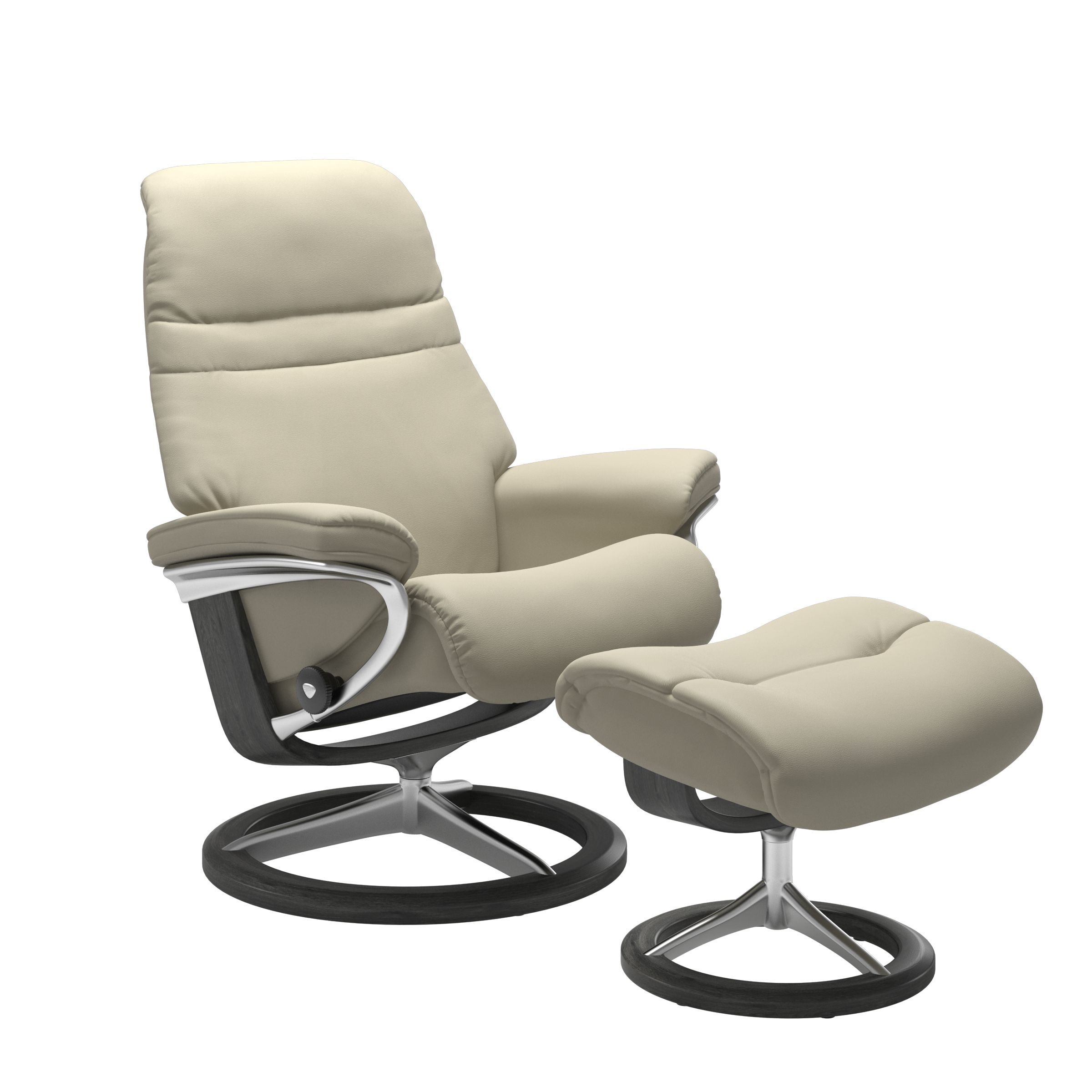 Light Grey colored sunrise recliner with matching ottoman featuring a curved  grey wood and metal base