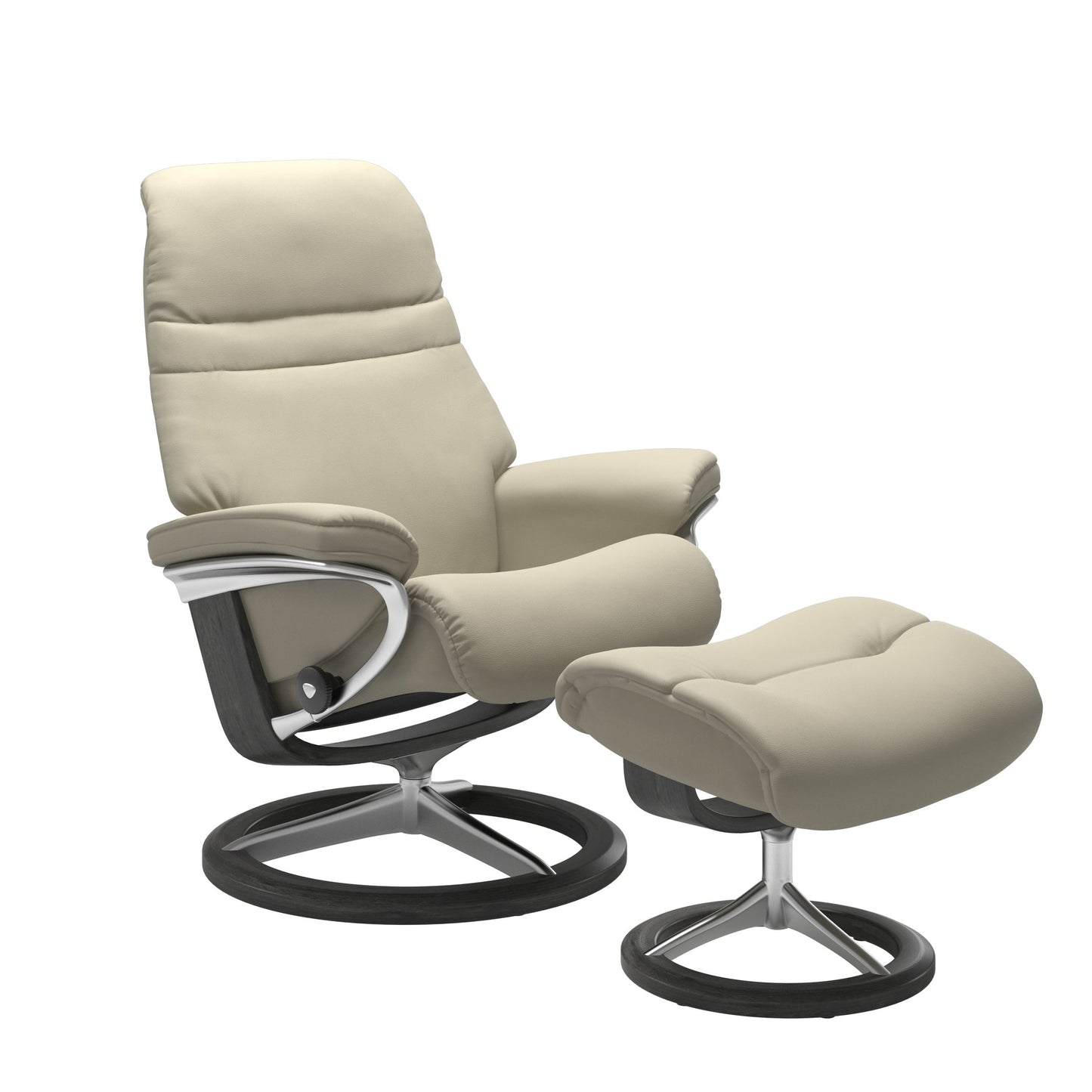 Light Grey colored sunrise recliner with matching ottoman featuring a curved grey wood and metal base