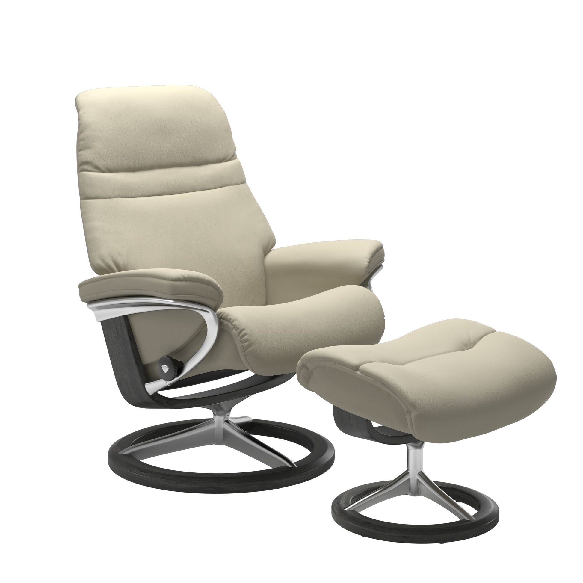 Light Grey colored sunrise recliner with matching ottoman featuring a curved grey wood and metal base