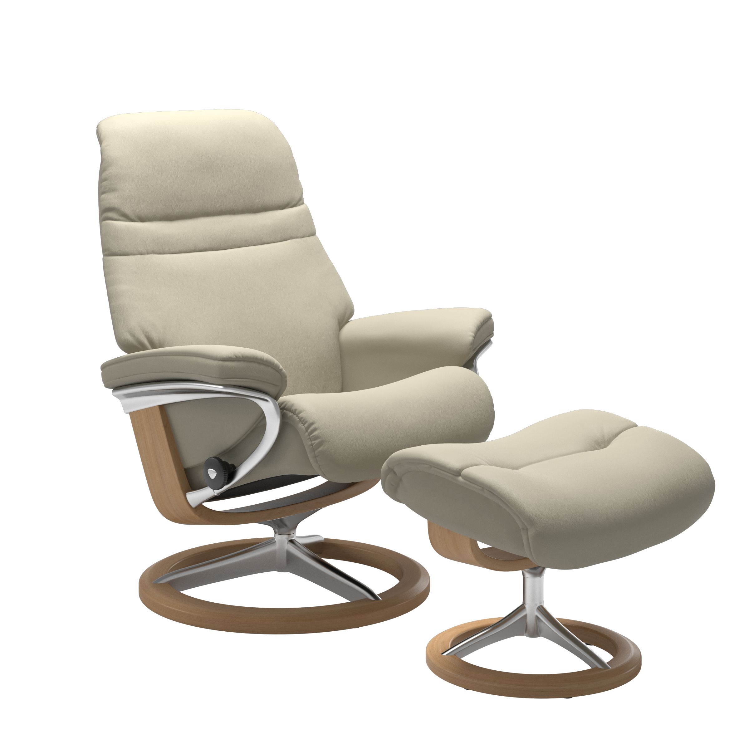 Light Grey colored sunrise recliner with matching ottoman featuring a curved  oak wood and metal base