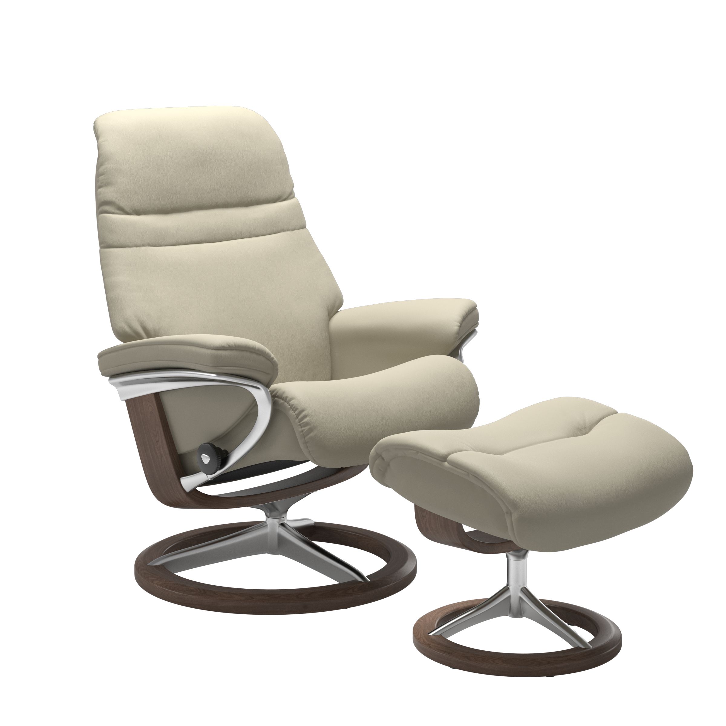 Light Grey colored sunrise recliner with matching ottoman featuring a curved  walnut wood and metal base