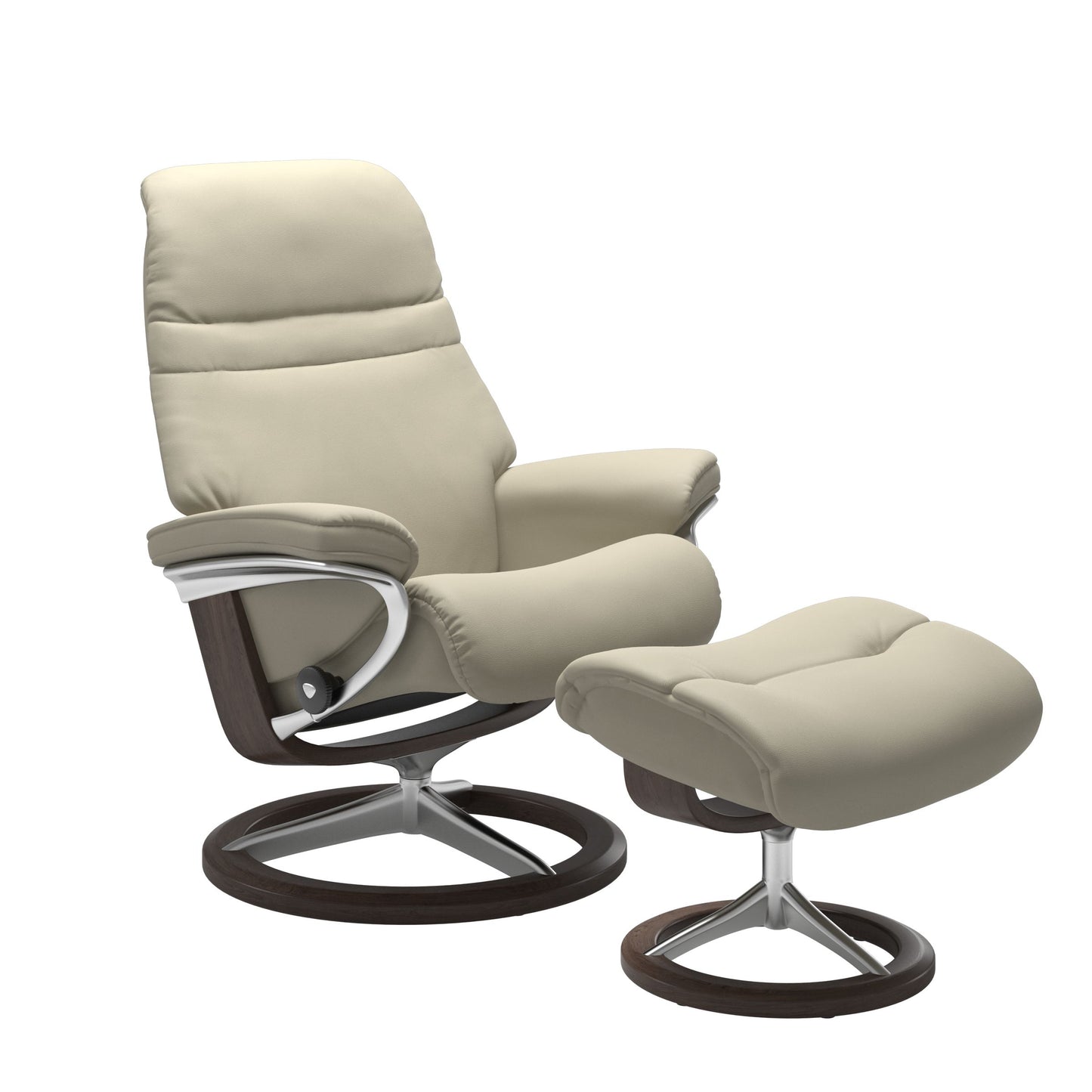 Light Grey colored sunrise recliner with matching ottoman featuring a curved  wenge wood and metal base