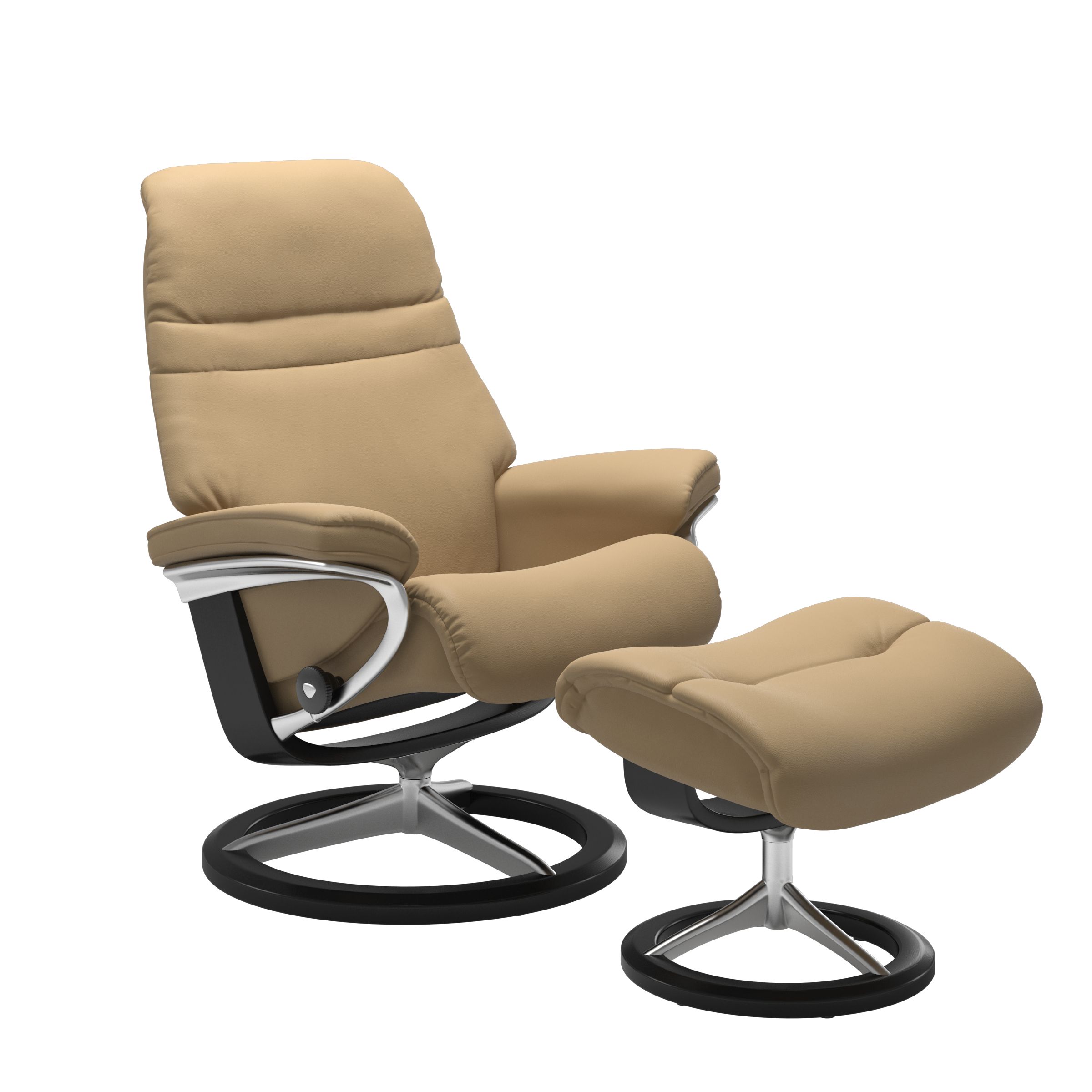 Sand colored sunrise recliner with matching ottoman featuring a curved  black wood and metal base