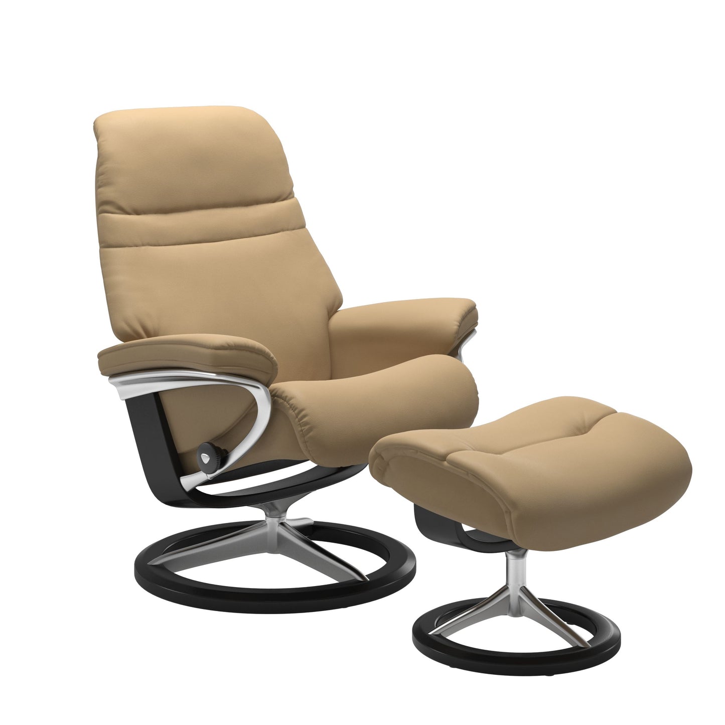 Sand colored sunrise recliner with matching ottoman featuring a curved  black wood and metal base