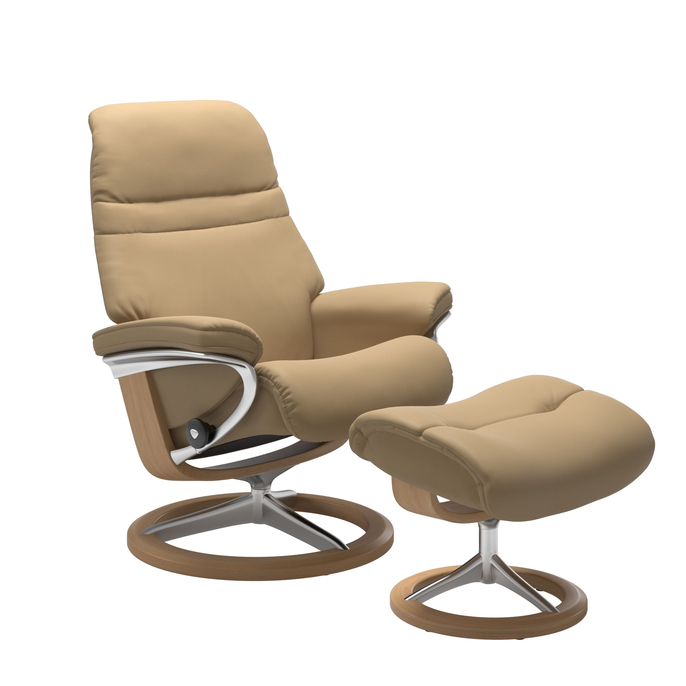 Sand colored sunrise recliner with matching ottoman featuring a curved  oak wood and metal base