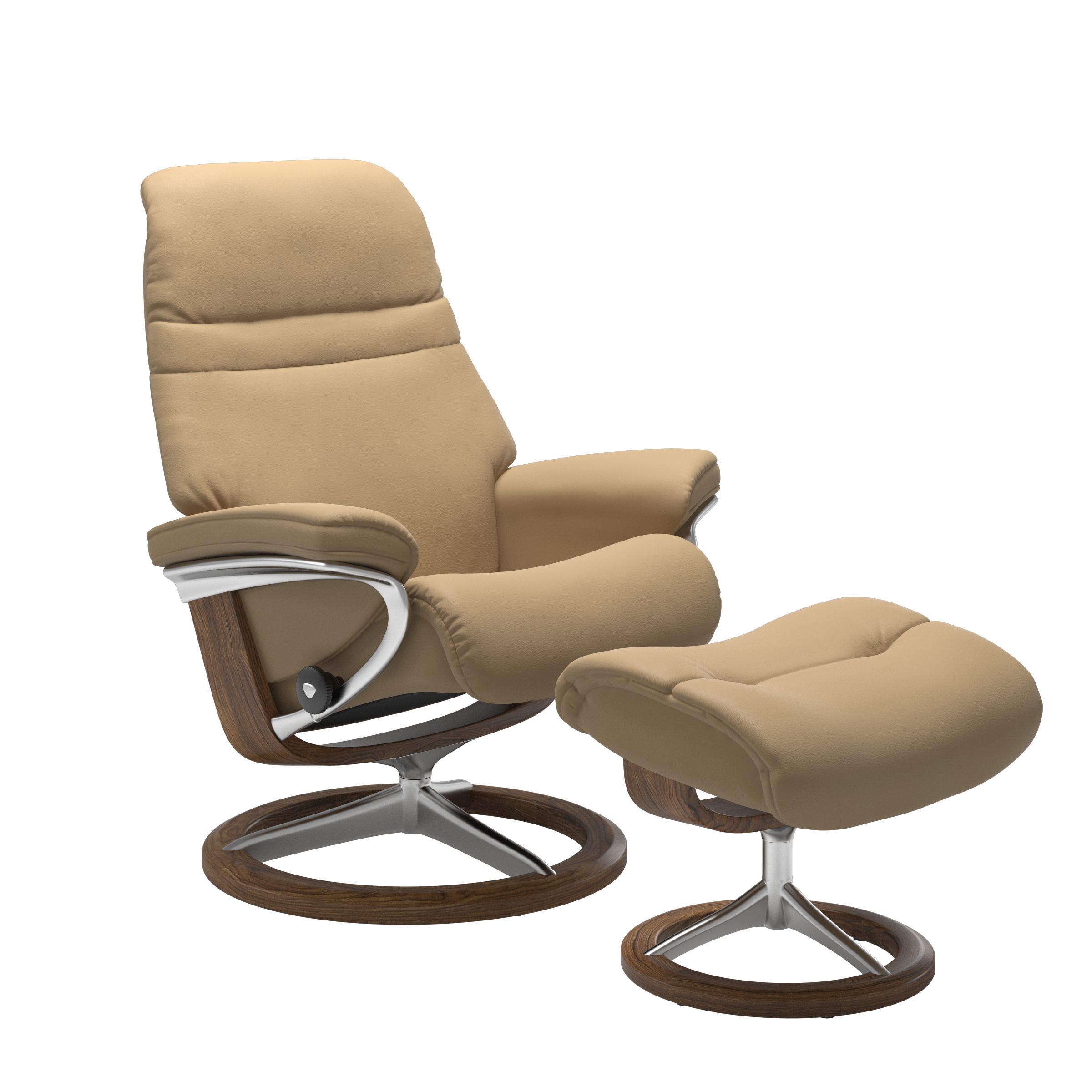 Sand colored sunrise recliner with matching ottoman featuring a curved  teak wood and metal base