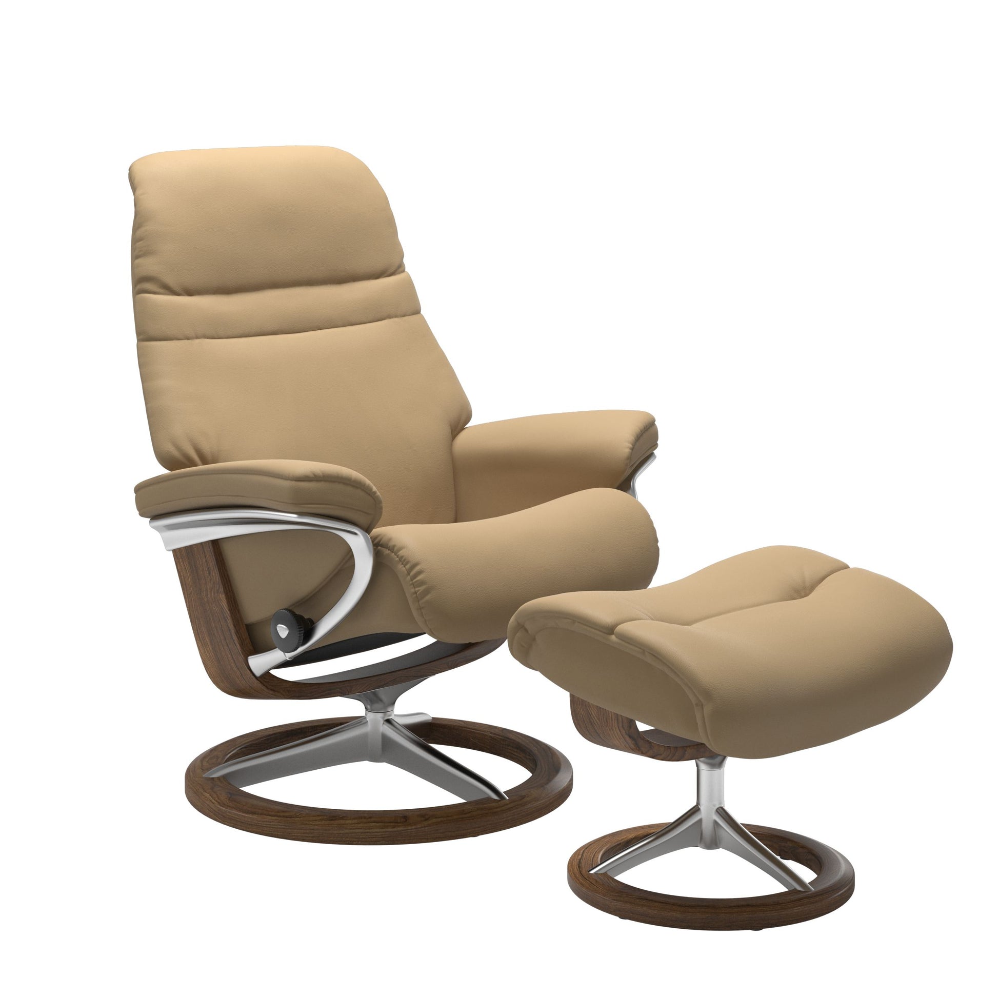 Sand colored sunrise recliner with matching ottoman featuring a curved  teak wood and metal base