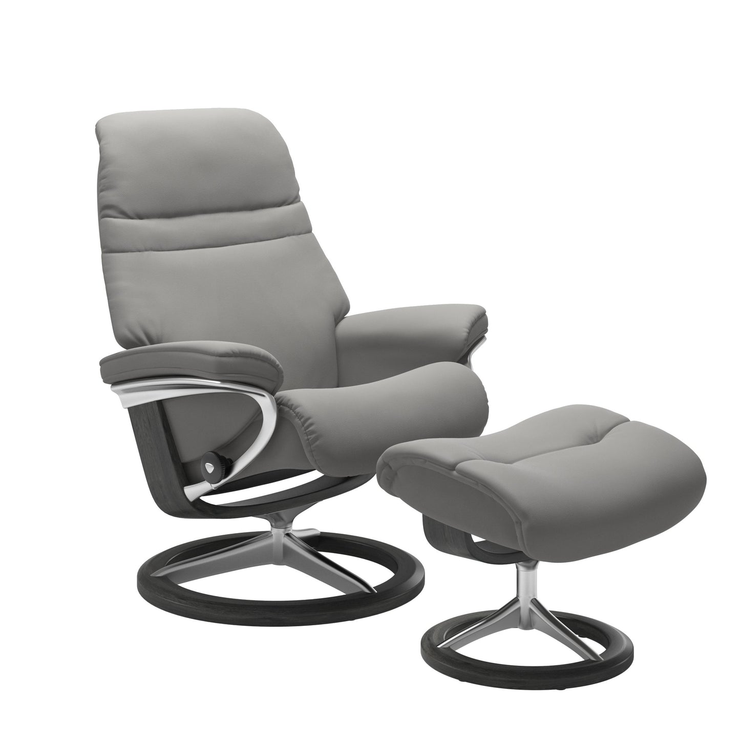 SIlver grey colored sunrise recliner with matching ottoman featuring a curved  grey wood and metal base