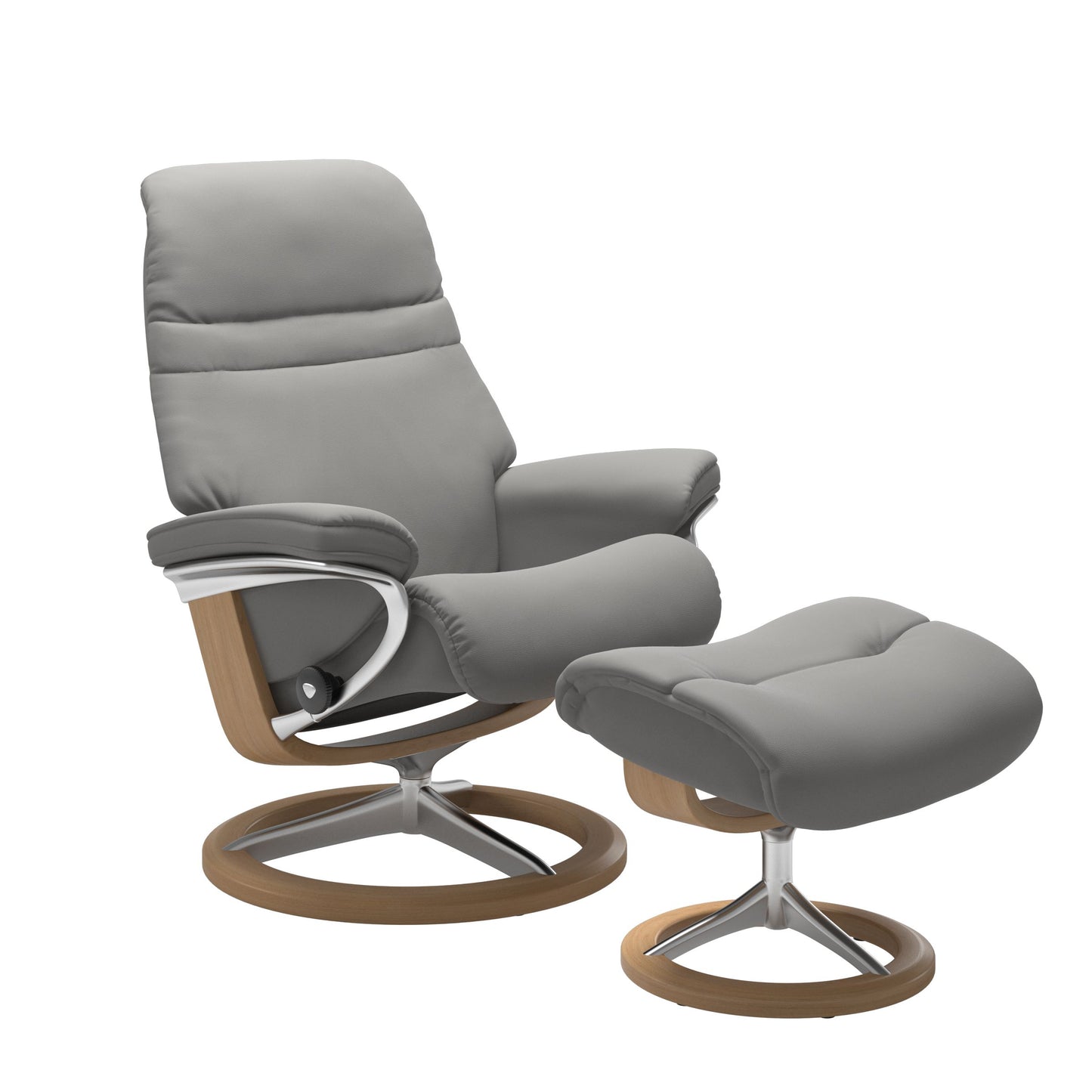 SIlver grey colored sunrise recliner with matching ottoman featuring a curved  oak wood and metal base