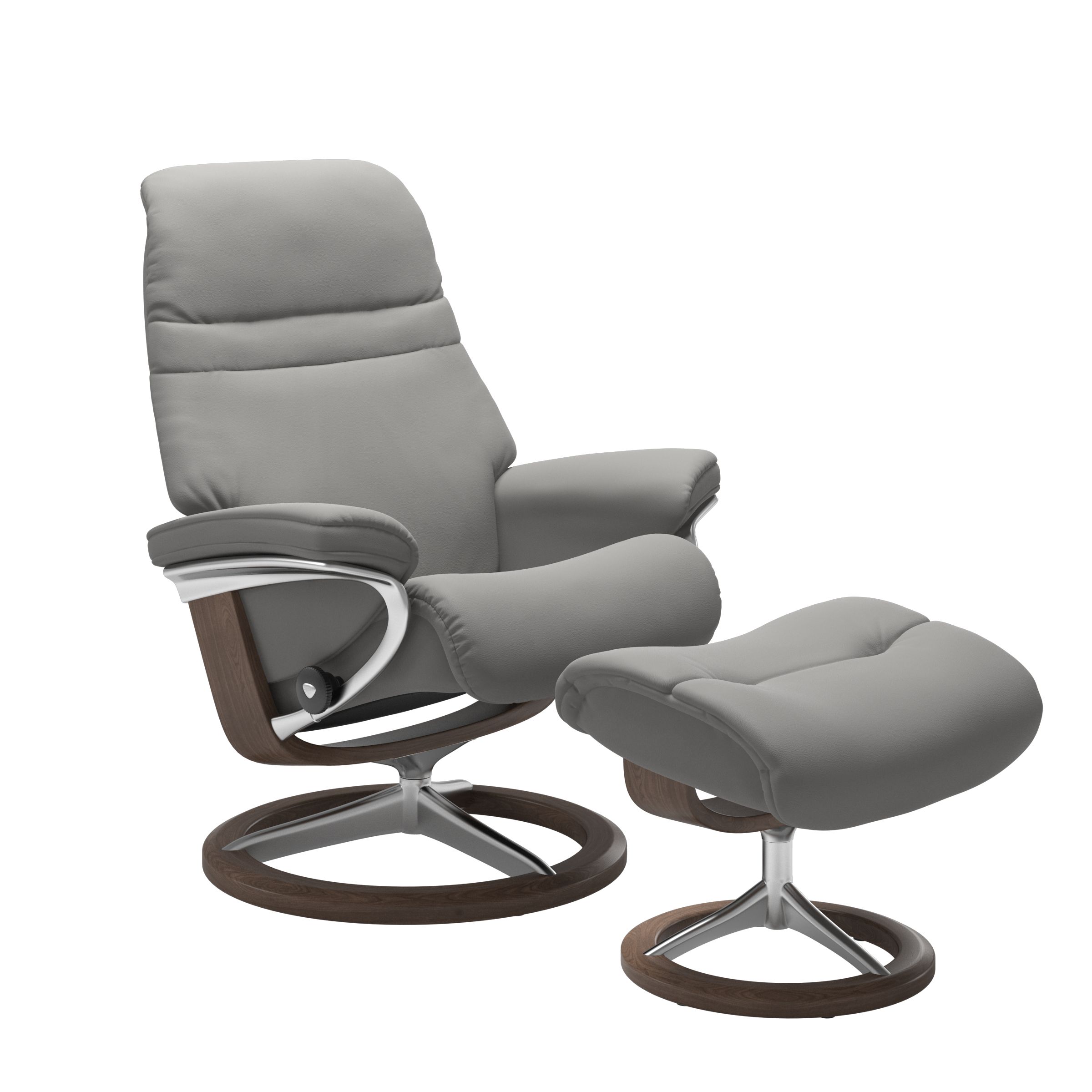 Silver Grey colored sunrise recliner with matching ottoman featuring a curved  walnut wood and metal base