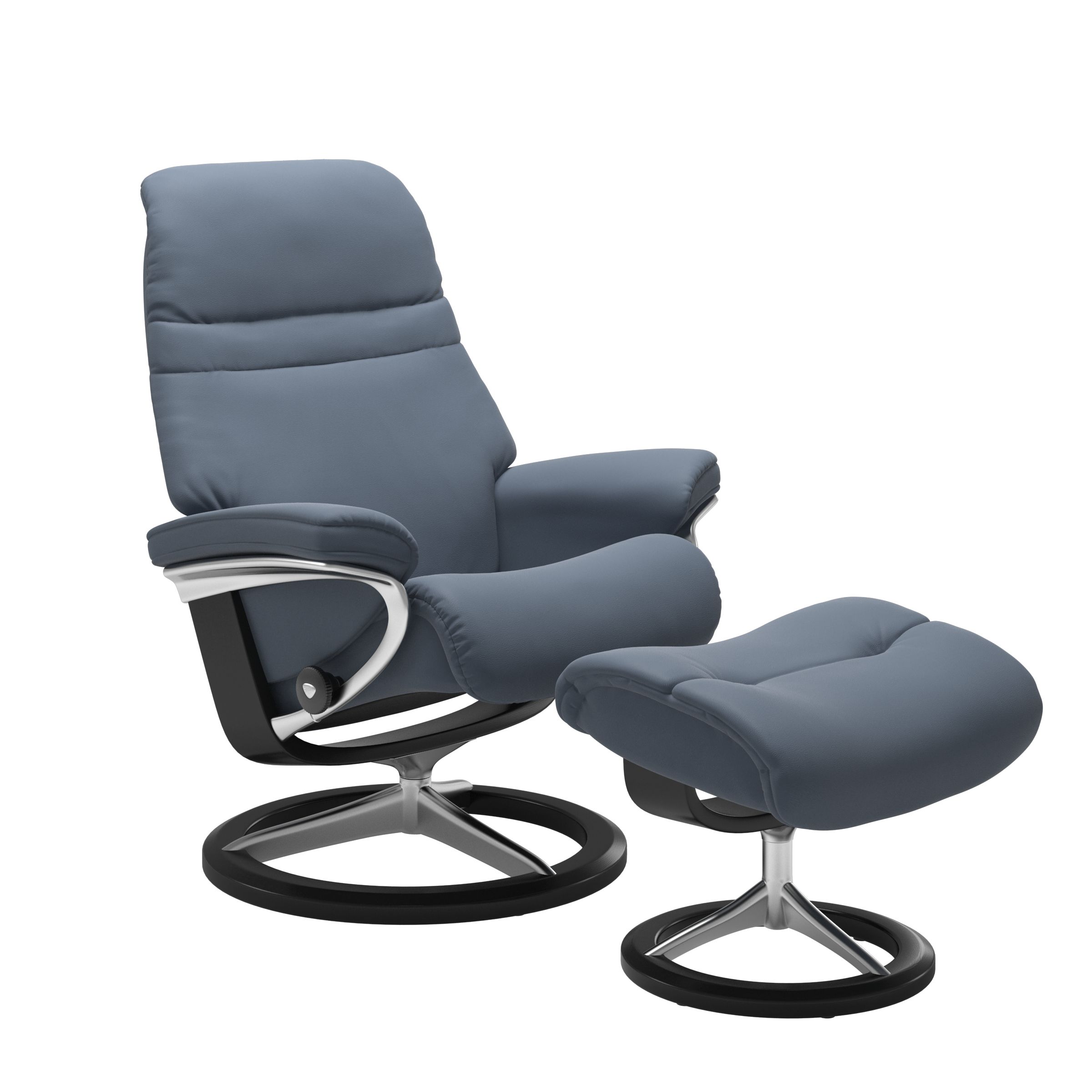 Sparrow Blue colored sunrise recliner with matching ottoman featuring a curved  black wood and metal base