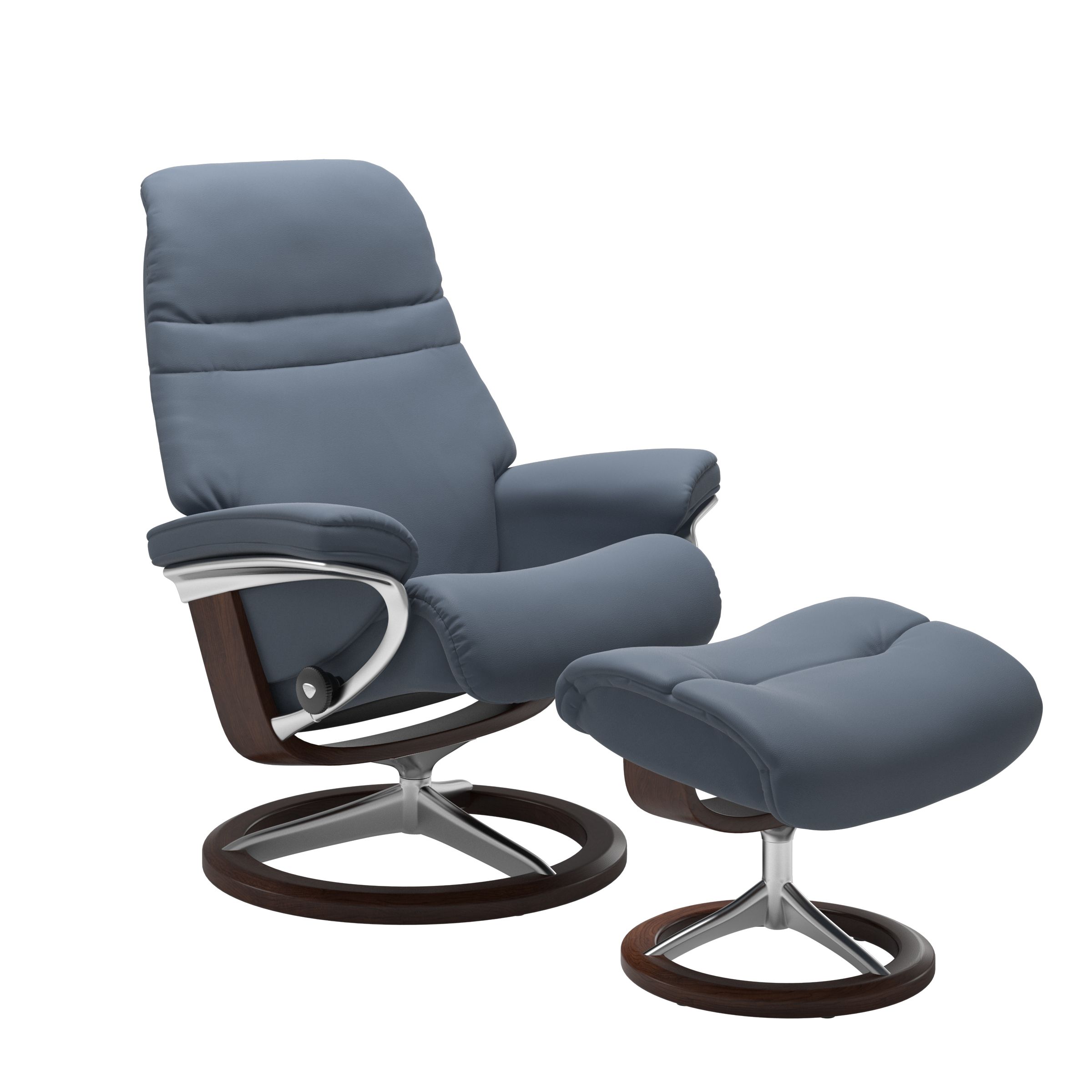 Sparrow Blue colored sunrise recliner with matching ottoman featuring a curved  brown wood and metal base