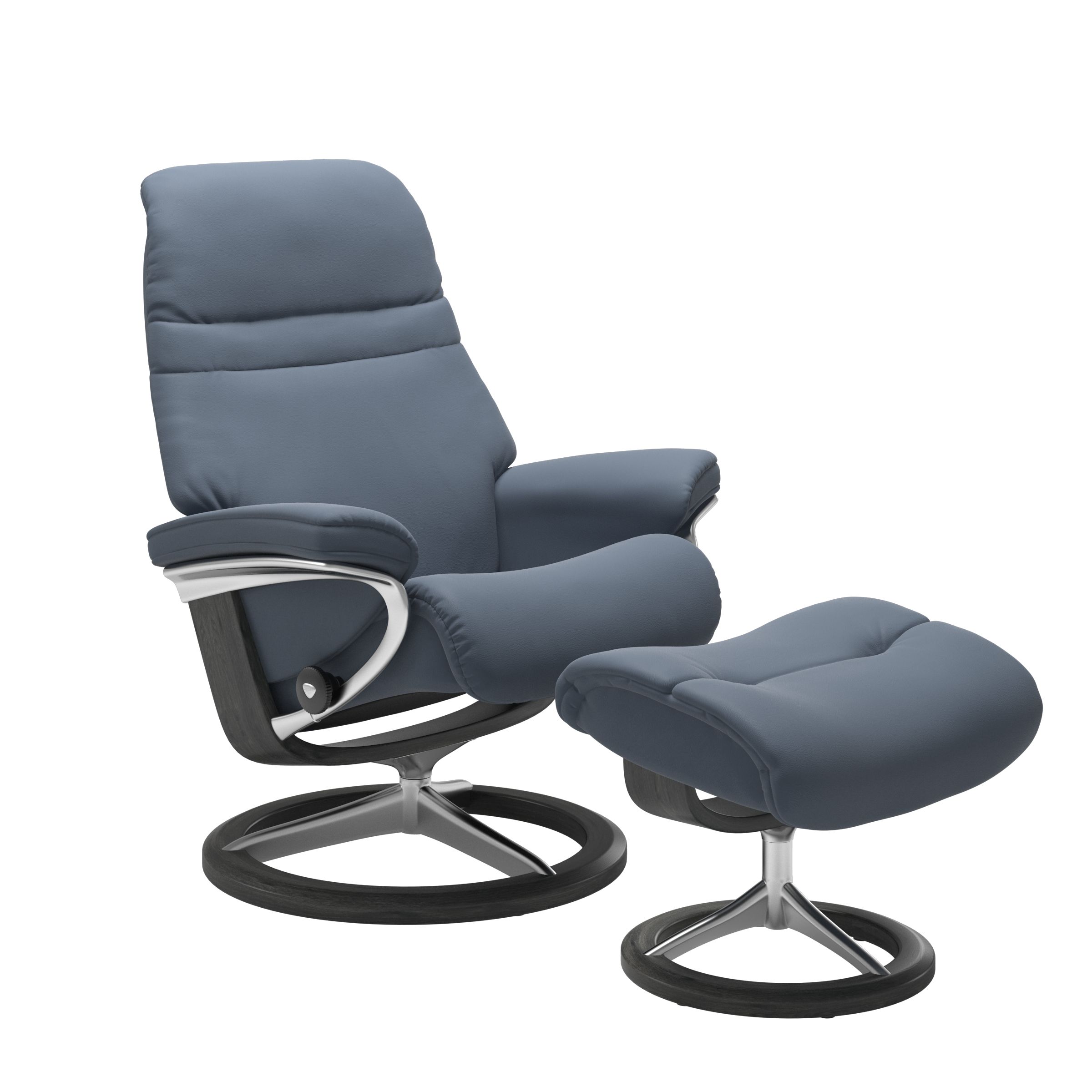 Sparrow Blue colored sunrise recliner with matching ottoman featuring a curved  grey wood and metal base