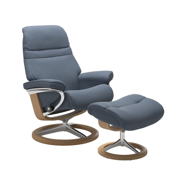 Sparrow blue sunrise recliner with matching ottoman featuring a curved  oak wood and metal base