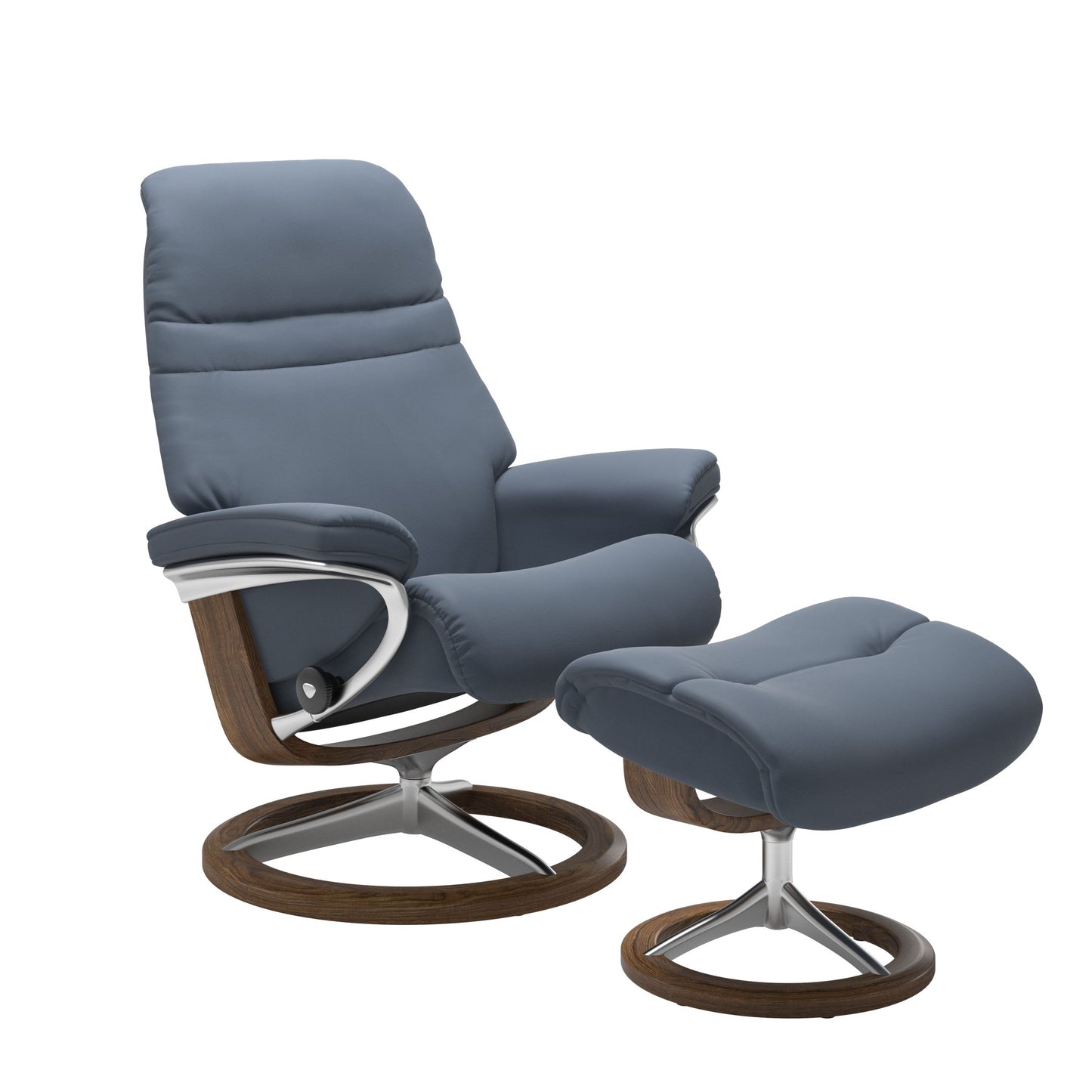 Sparrow Blue colored sunrise recliner with matching ottoman featuring a curved  teak wood and metal base
